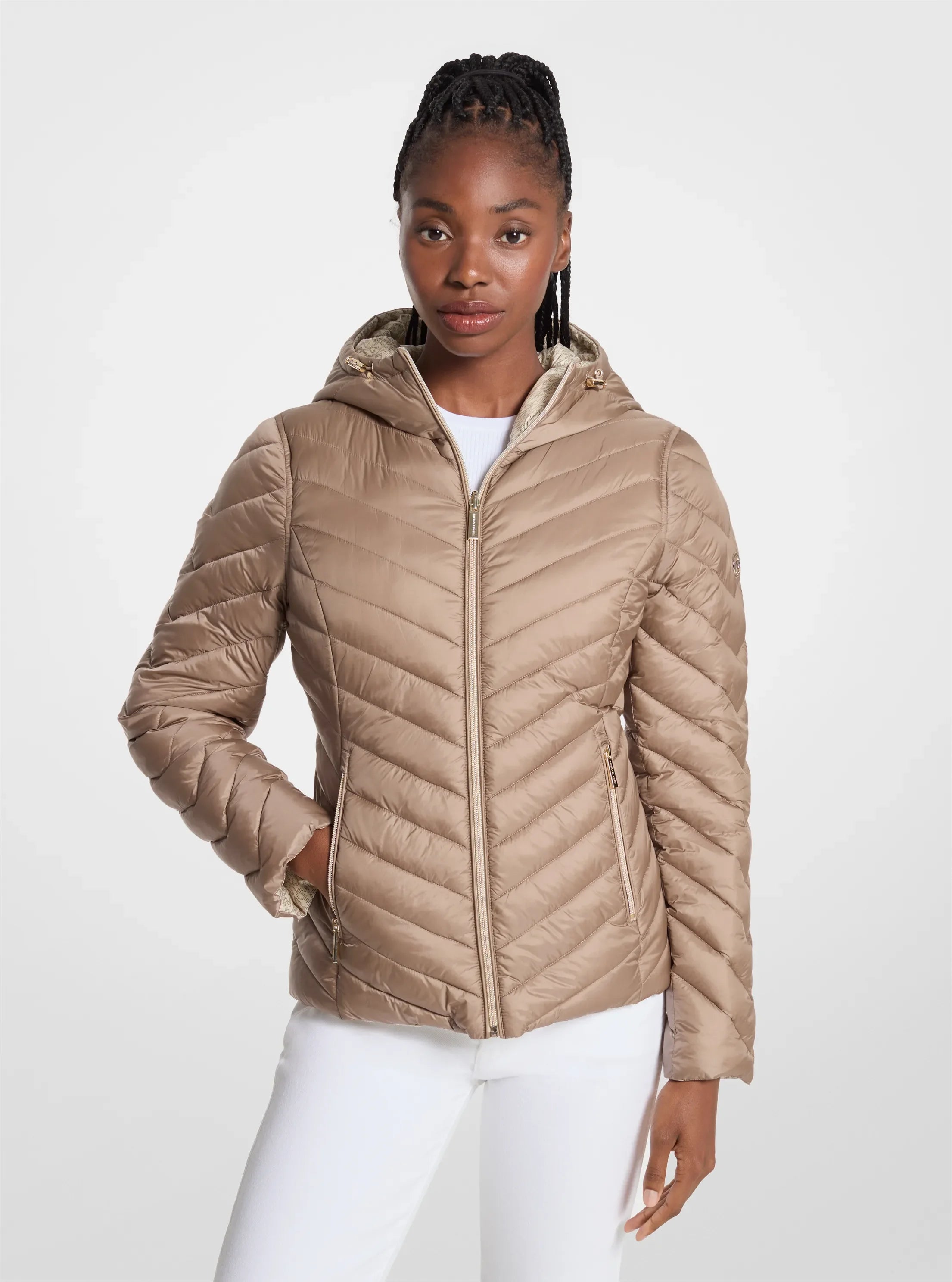 Michael Kors Chevron Logo Print Quilted Nylon Reversible Jacket TAUPE/BONE LOGO