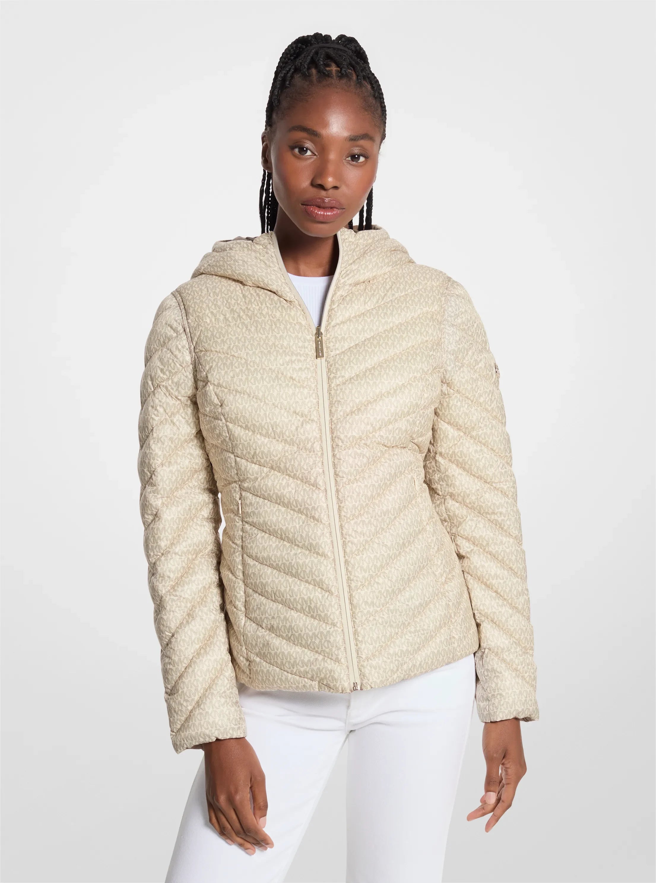 Michael Kors Chevron Logo Print Quilted Nylon Reversible Jacket TAUPE/BONE LOGO