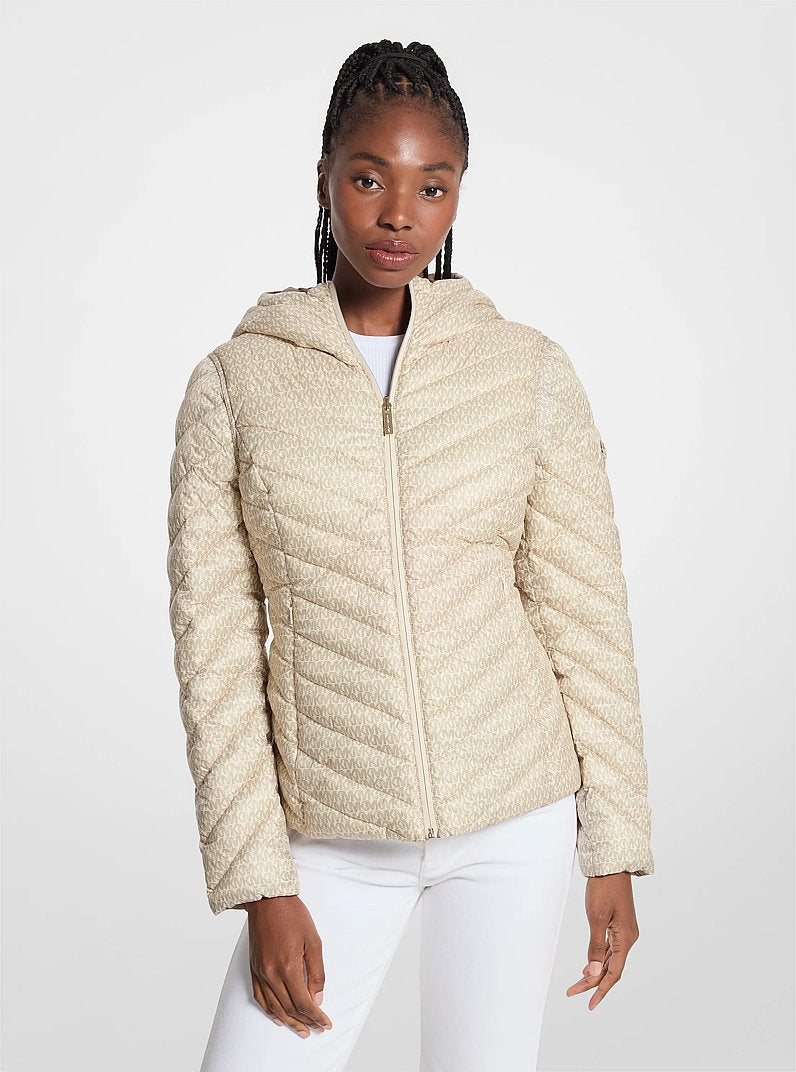 Michael Kors Chevron Logo Print Quilted Nylon Reversible Jacket TAUPE/BONE LOGO