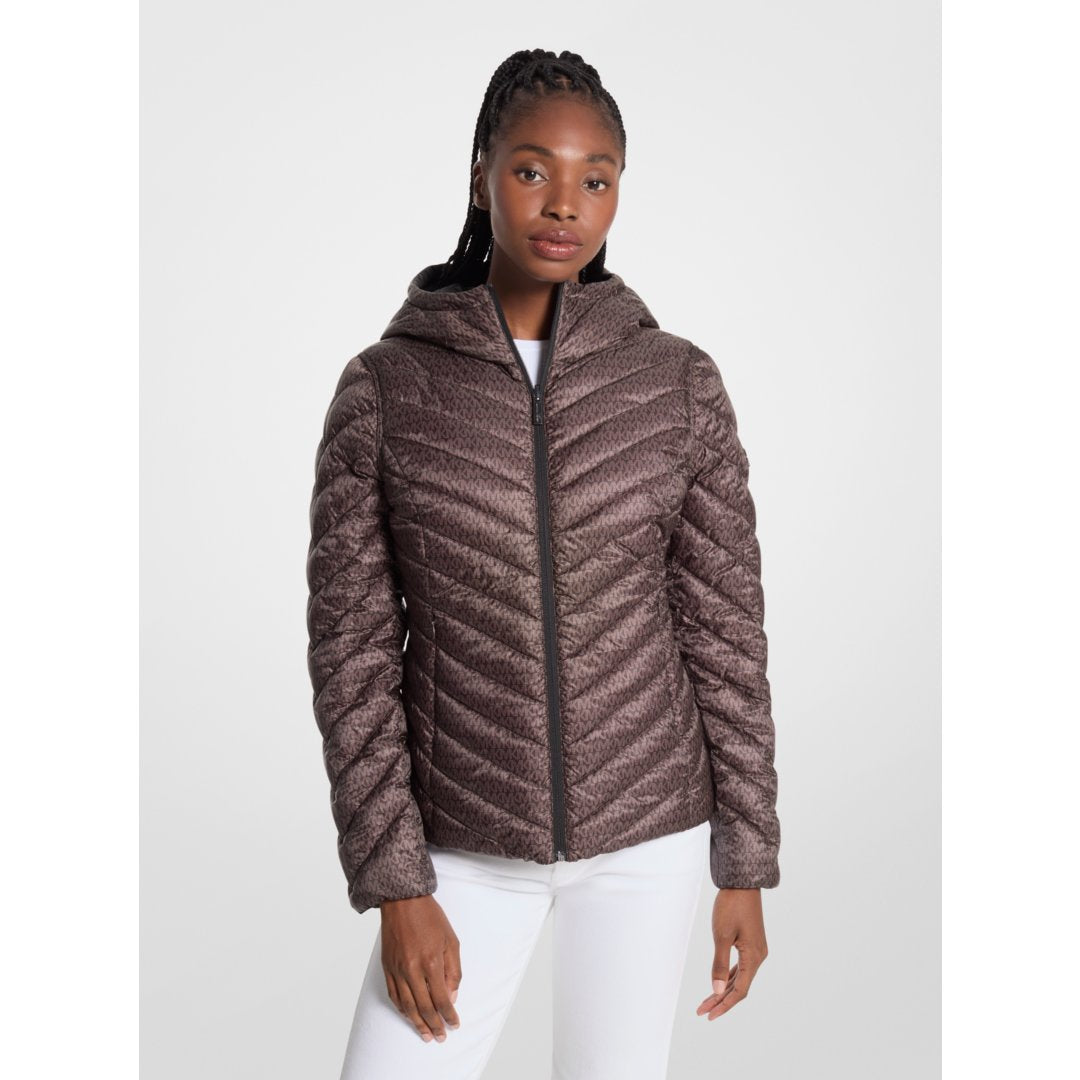 Michael Kors Chevron Logo Print Quilted Nylon Reversible Jacket BLACK/BROWN LOGO