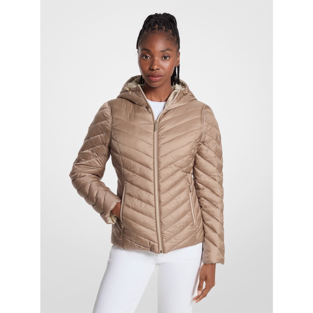 Michael Kors Chevron Logo Print Quilted Nylon Reversible Jacket TAUPE/BONE LOGO