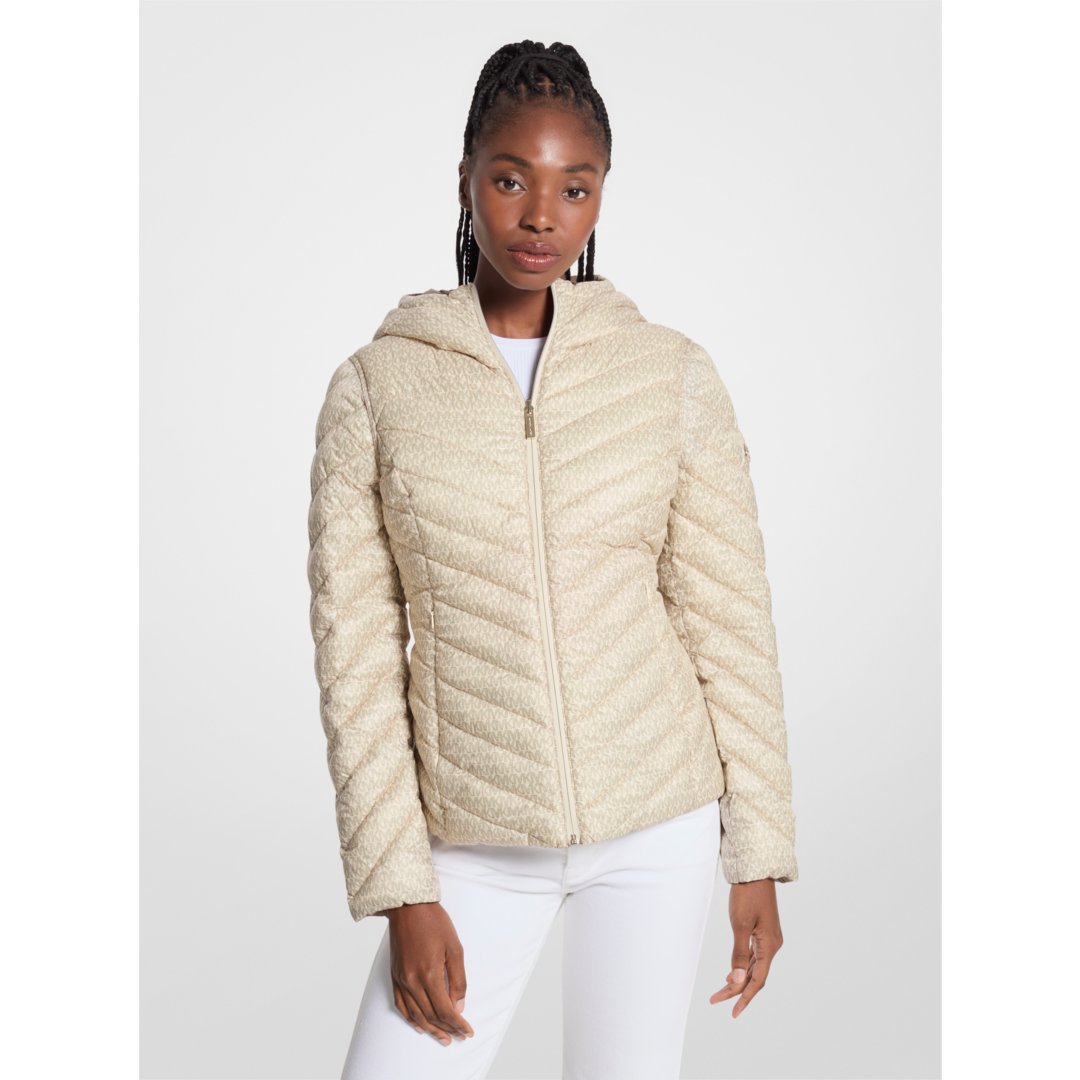 Michael Kors Chevron Logo Print Quilted Nylon Reversible Jacket TAUPE/BONE LOGO
