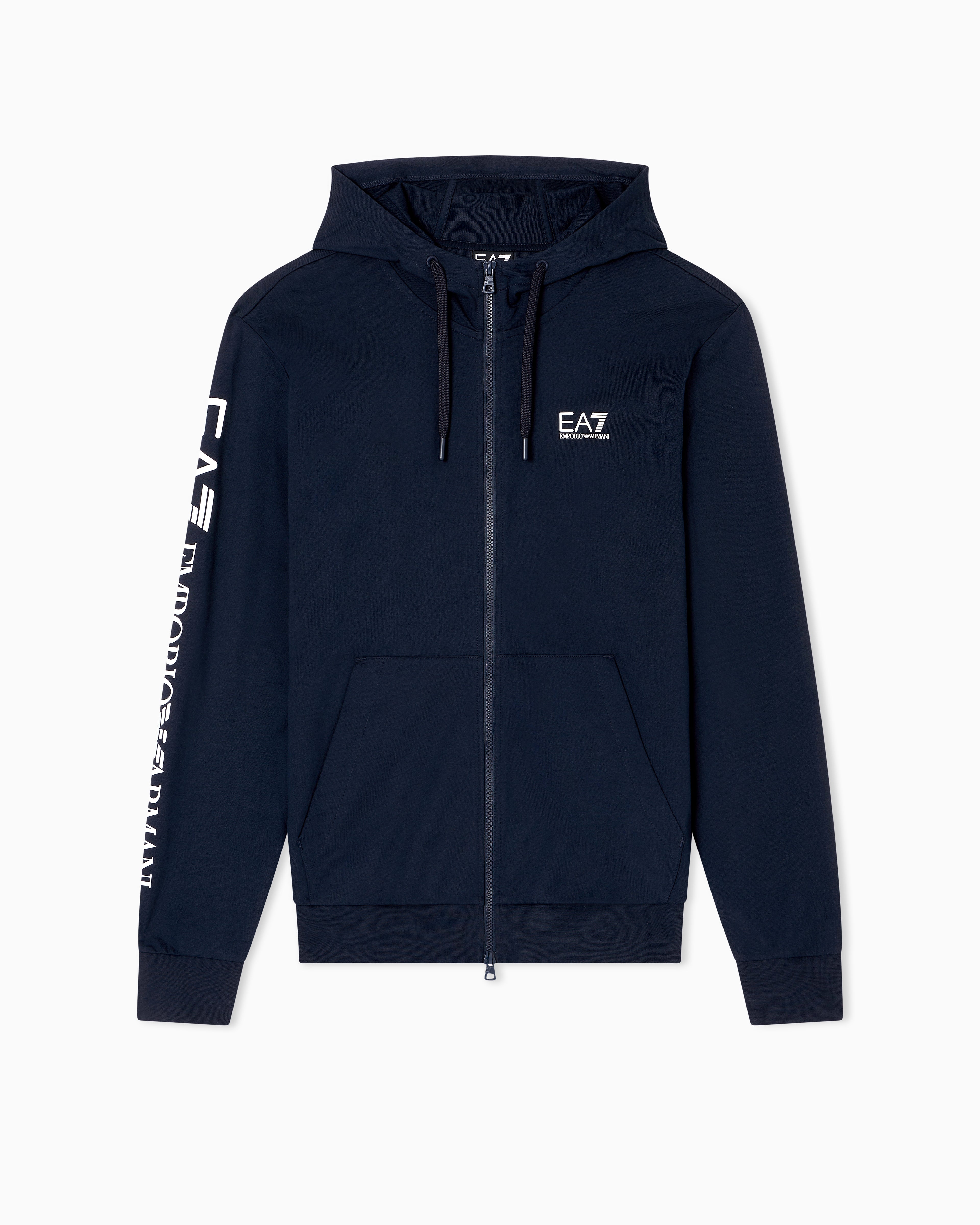 EA7 Logo Series cotton hooded, zip-up sweatshirt