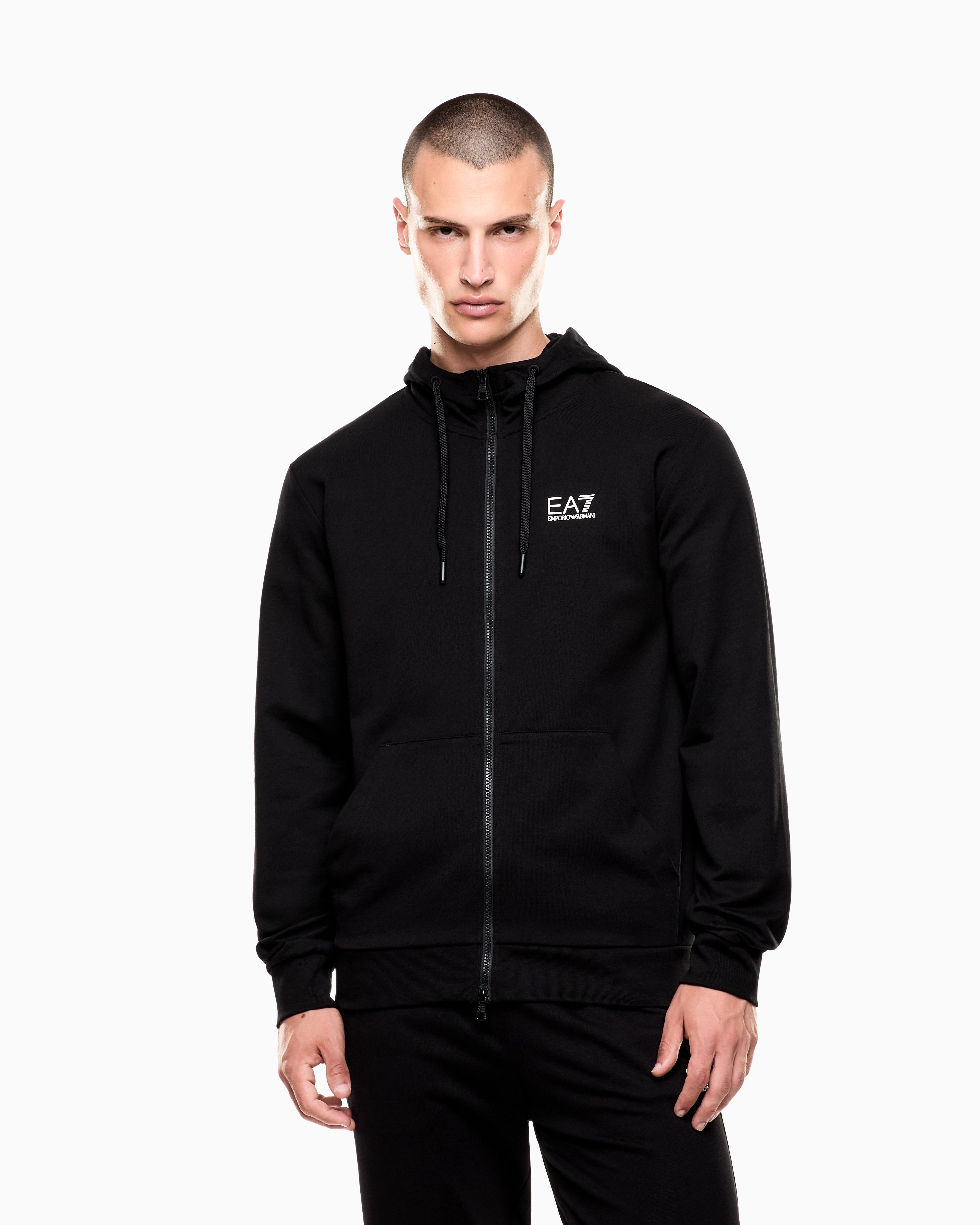 EA7 Logo Series cotton hooded, zip-up sweatshirt