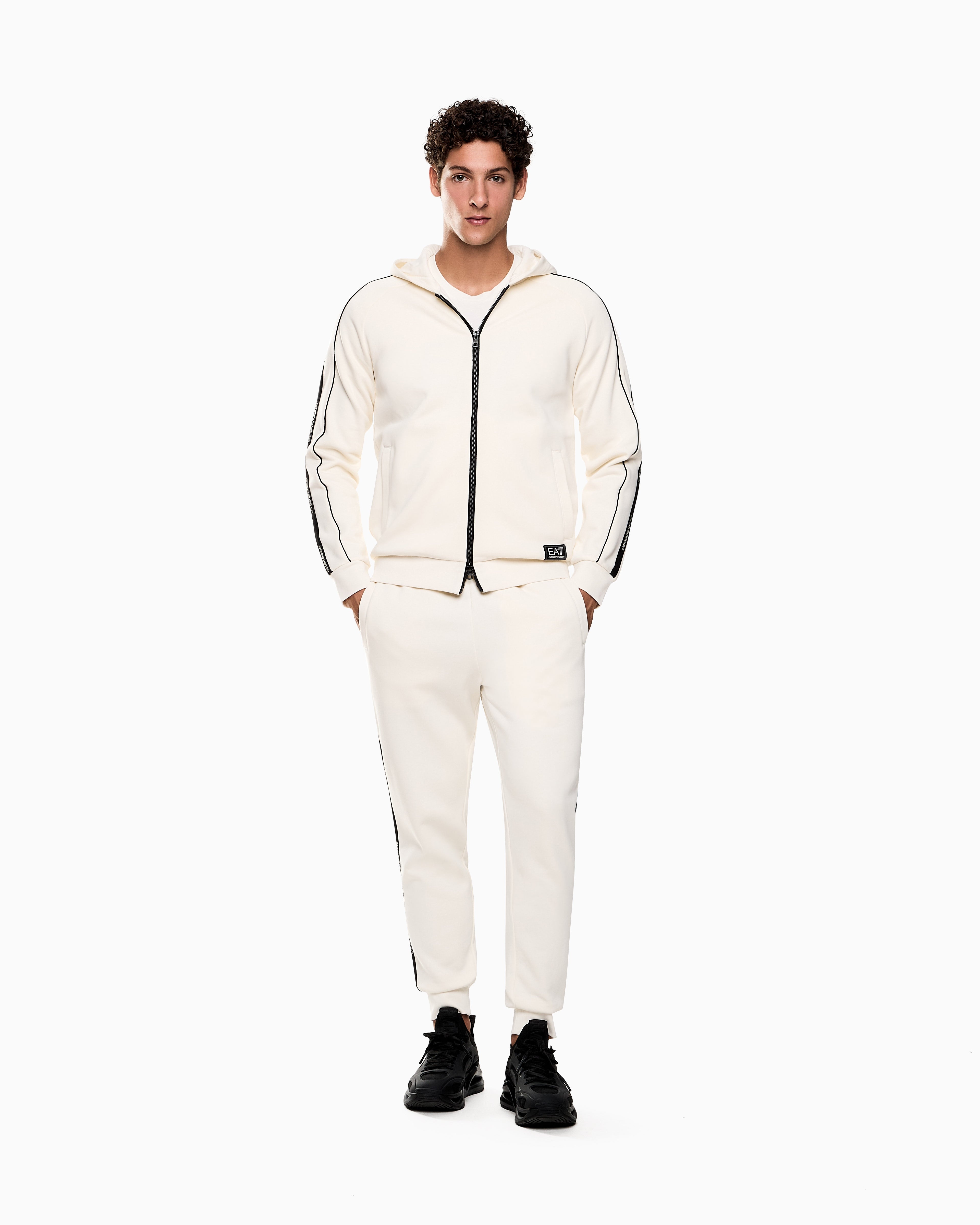 EA7 Logo Series cotton-blend hooded zip-up sweatshirt