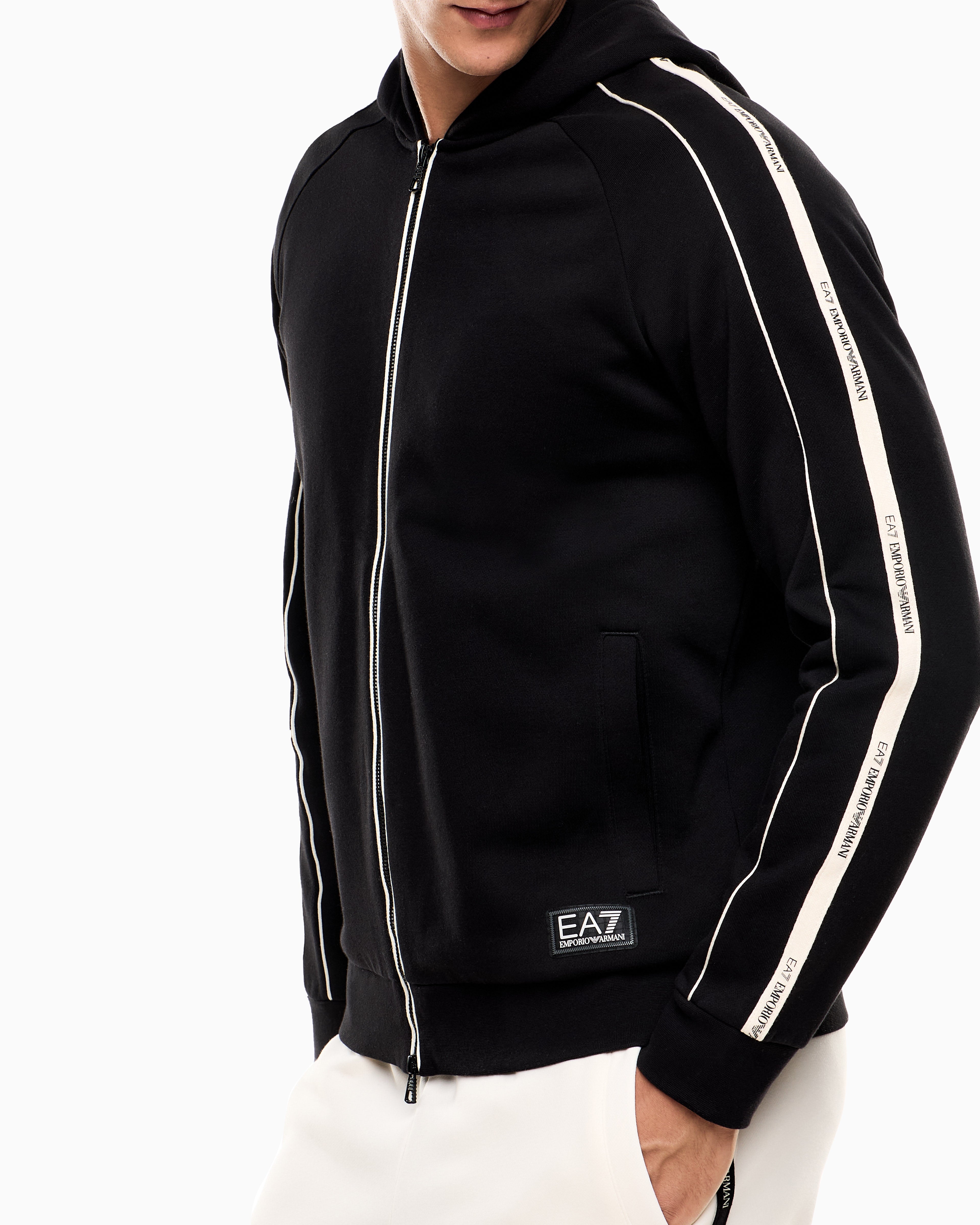 EA7 Logo Series cotton-blend hooded zip-up sweatshirt