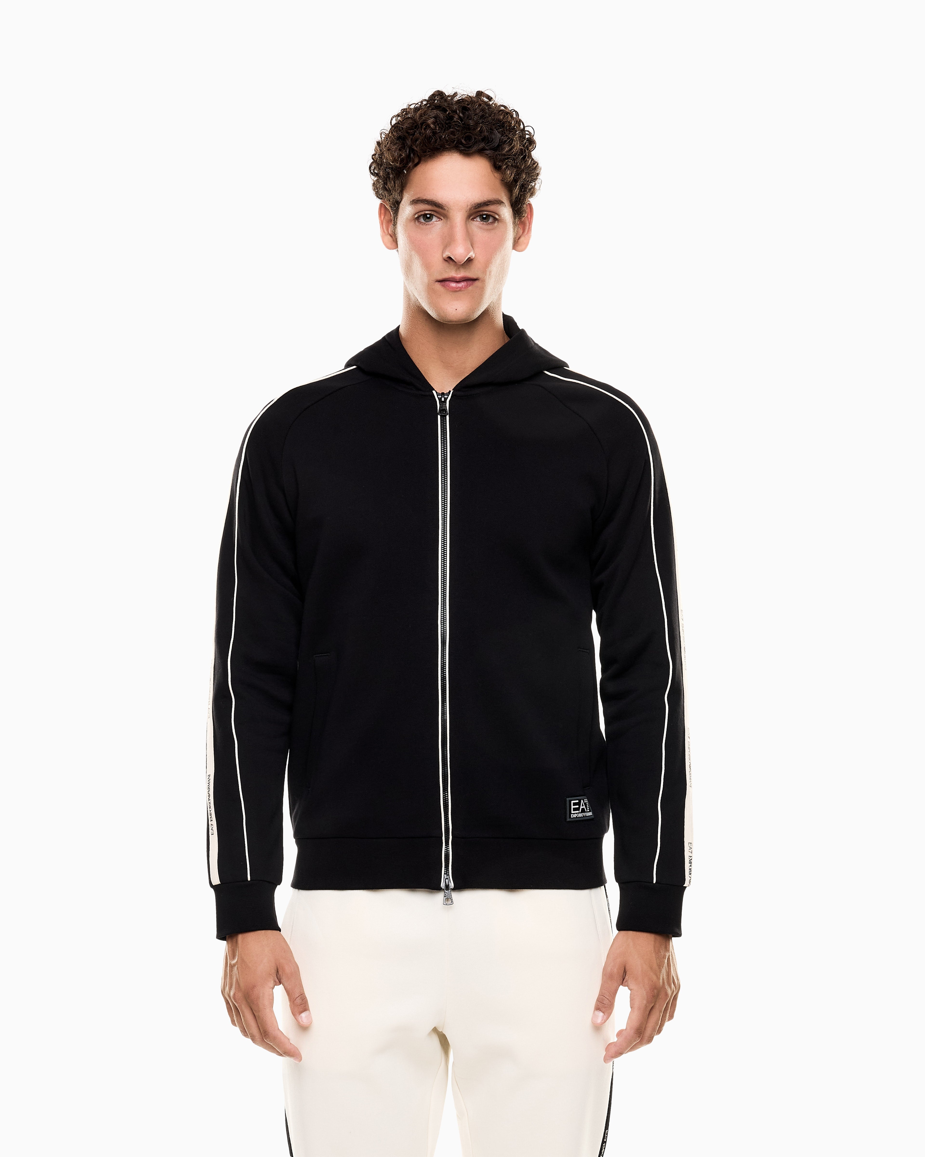 EA7 Logo Series cotton-blend hooded zip-up sweatshirt