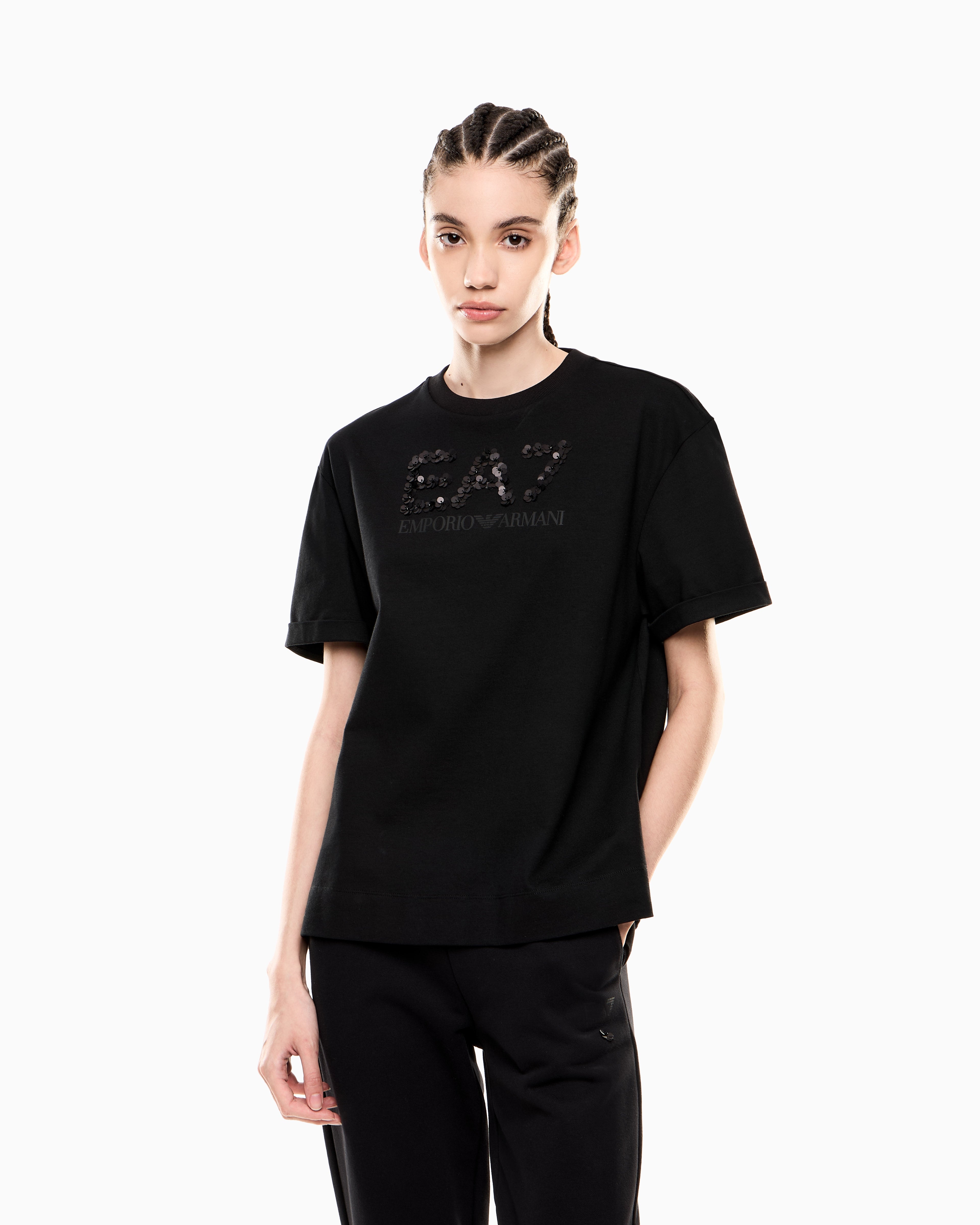 EA7 Logo Series cotton jersey crew-neck T-shirt with sequins