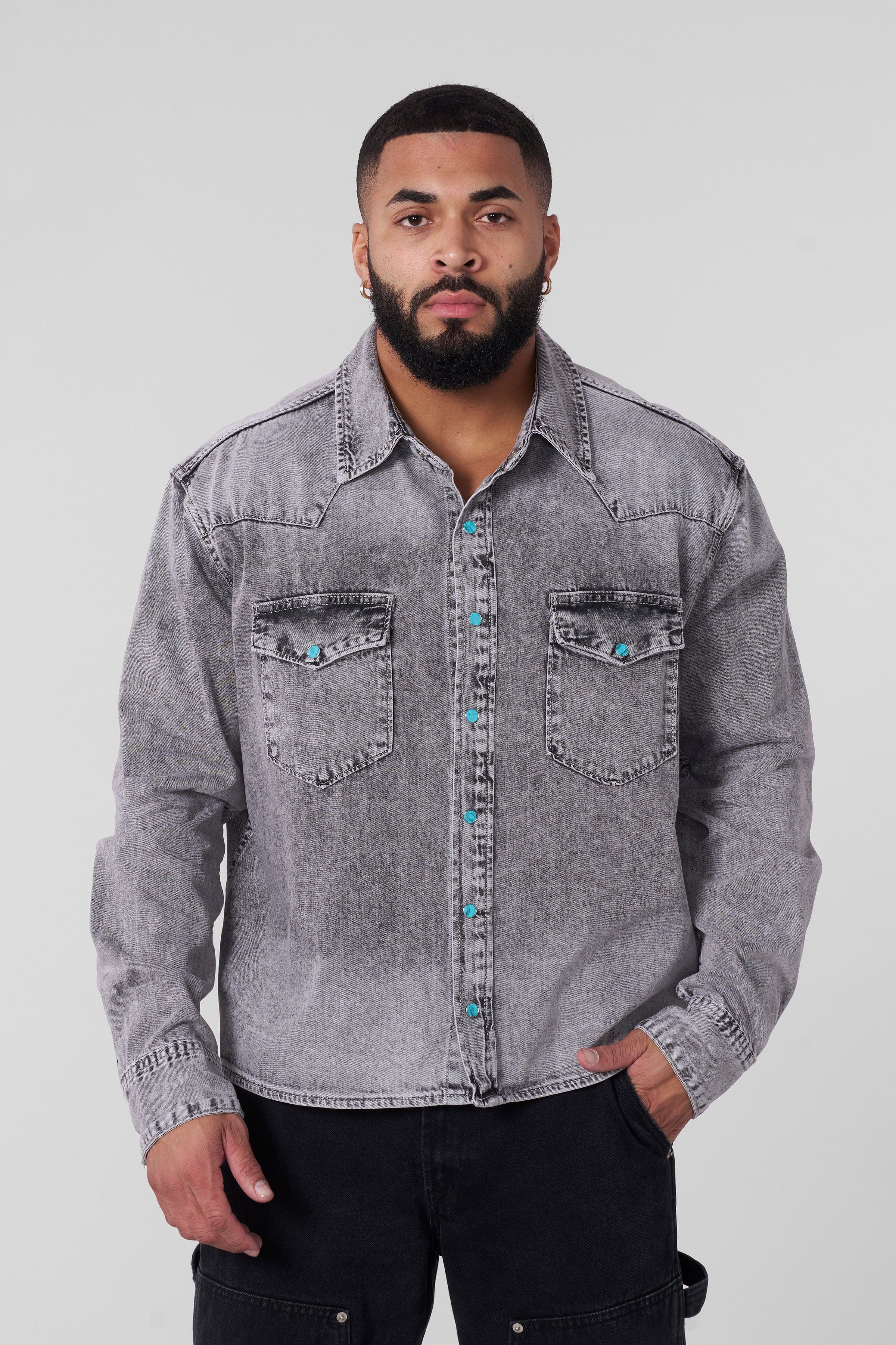 YoungLA 8011 - Western Denim Shirts Grey Wash