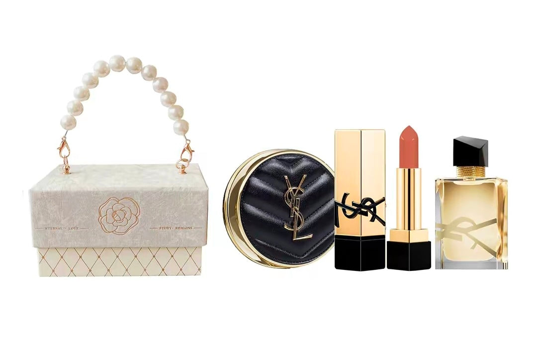 Ysl Saint Laurent Sample Makeup Set, Pearl Chanel-Inspired 3-Piece Gift Set: Includes A Natural-Looking, Sun-Protective Black Leather Cushion Foundation, A Square Tube Lipstick, And Eau De Parfum. A Mother'S Day Gift!