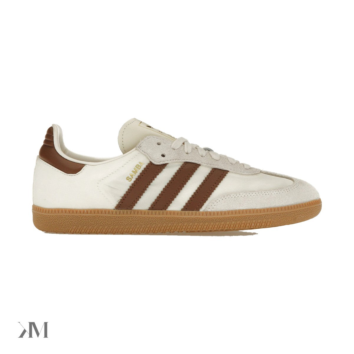 Adidas Samba OG Cream White Preloved Brown showing the suede overlay, 3 Stripes, and gum rubber outsole