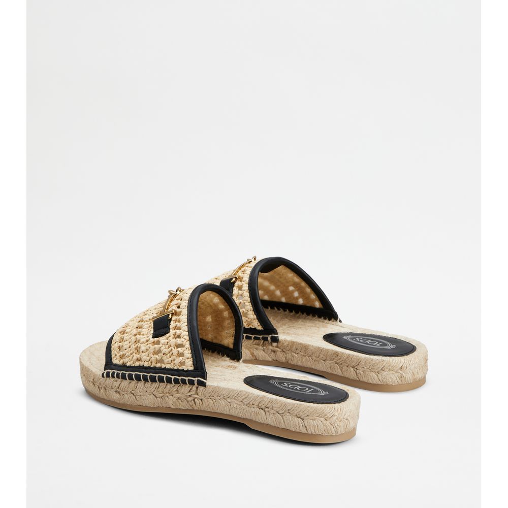 Tods Sandals In Leather And Fabric Black Beige Womens