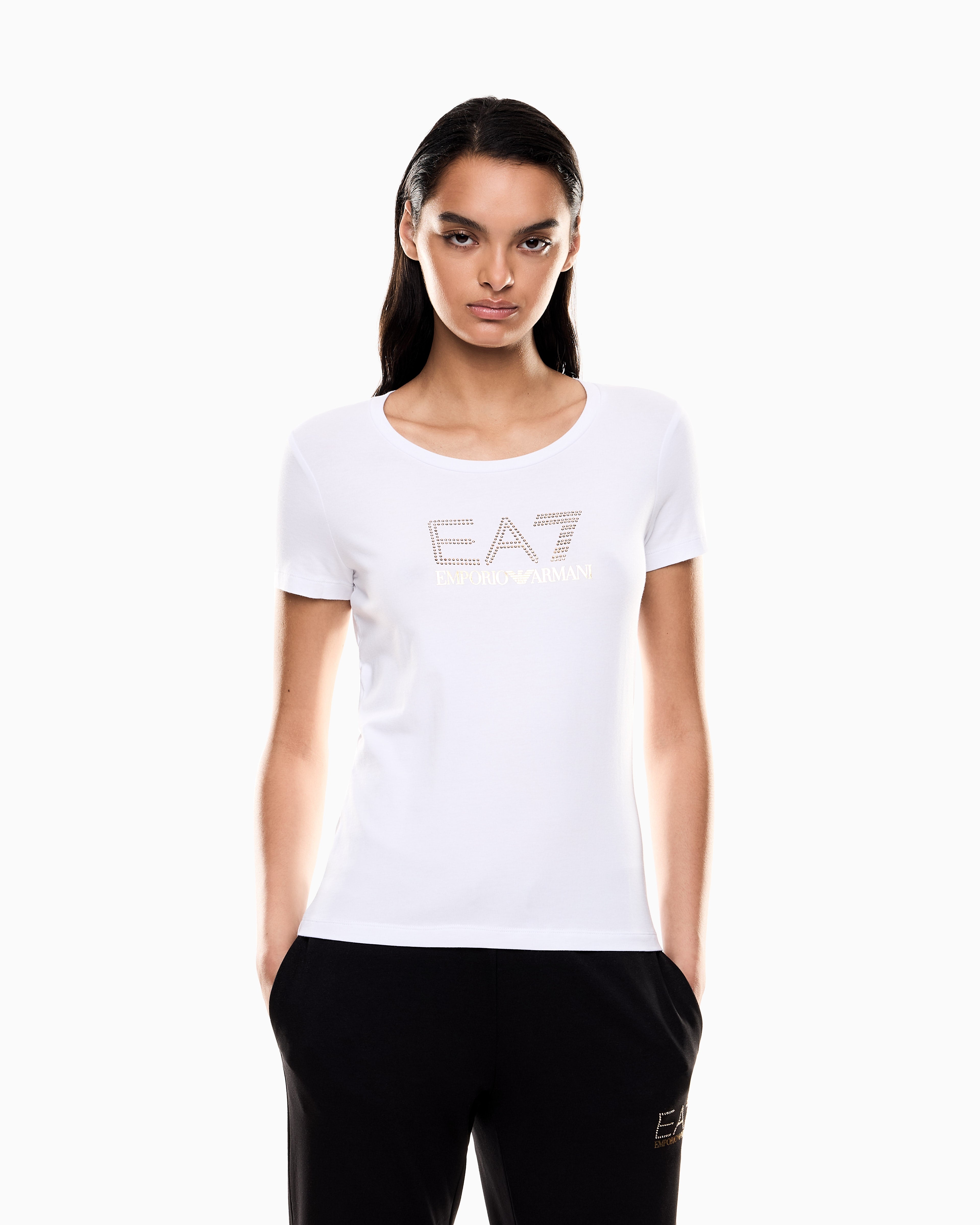 EA7 Stretch t-shirt in cotton with logo and studs Evolution