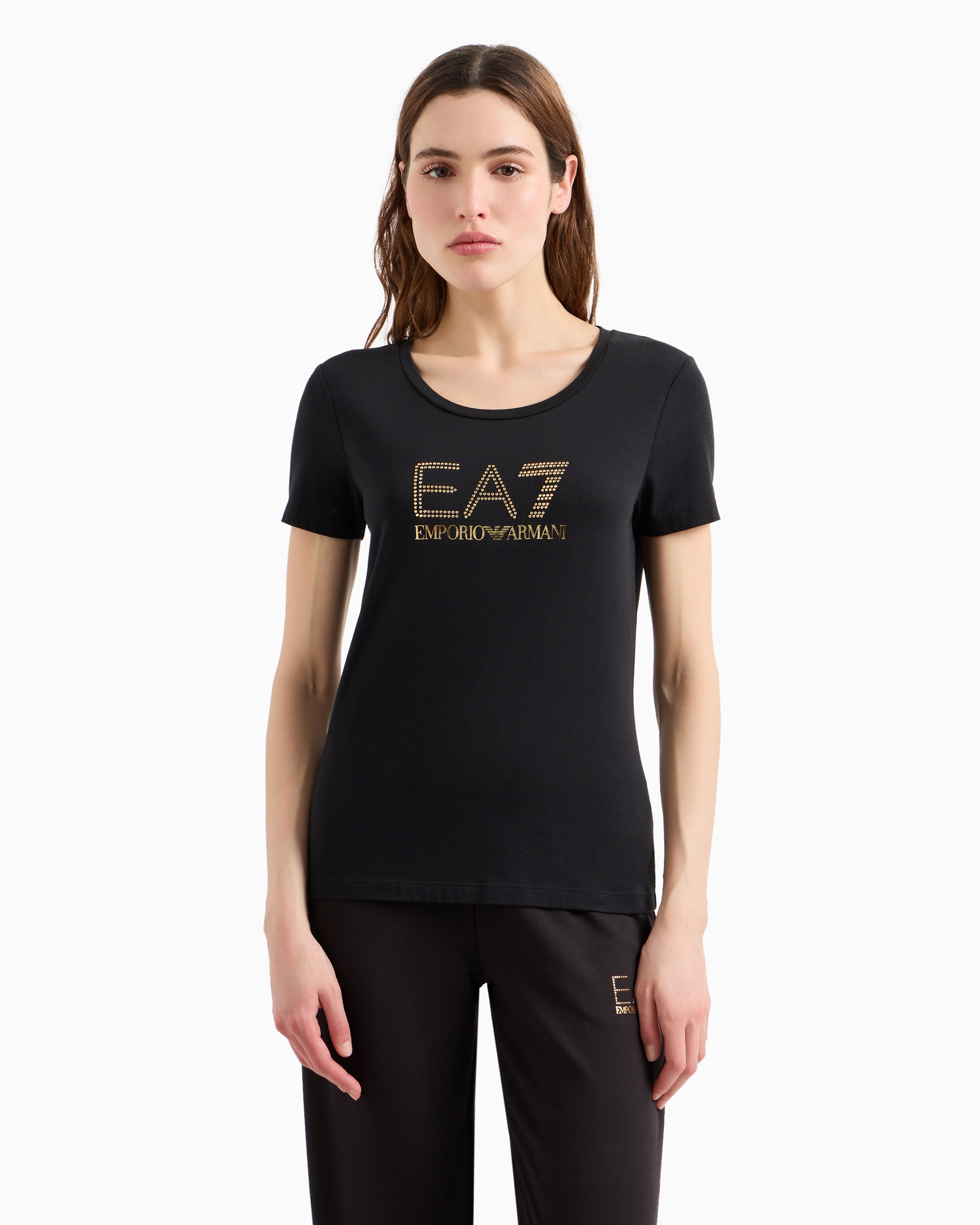 EA7 Stretch t-shirt in cotton with logo and studs Evolution