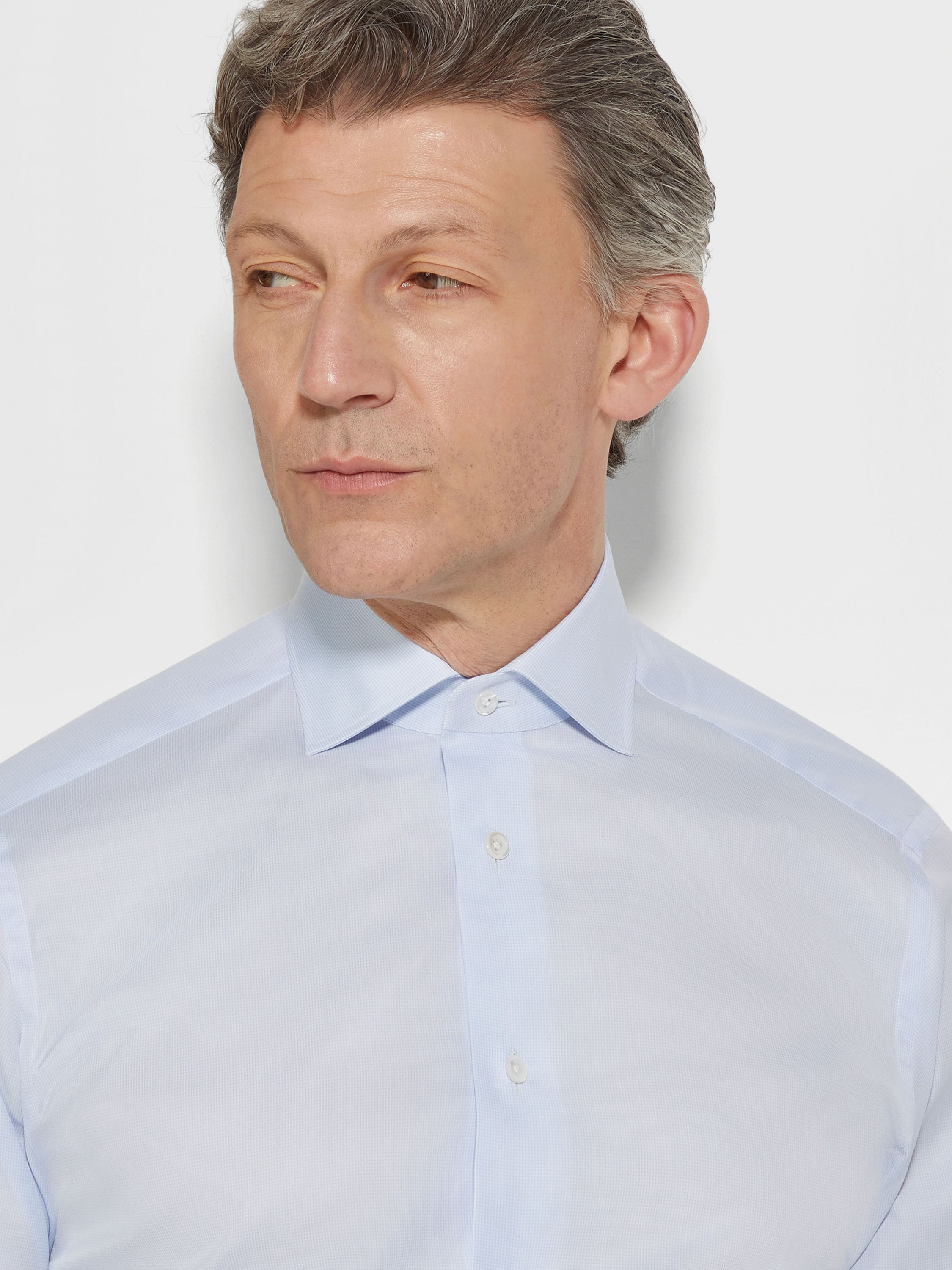 Zegna Light Blue And White Micro-Checked 300 Cotton Shirt