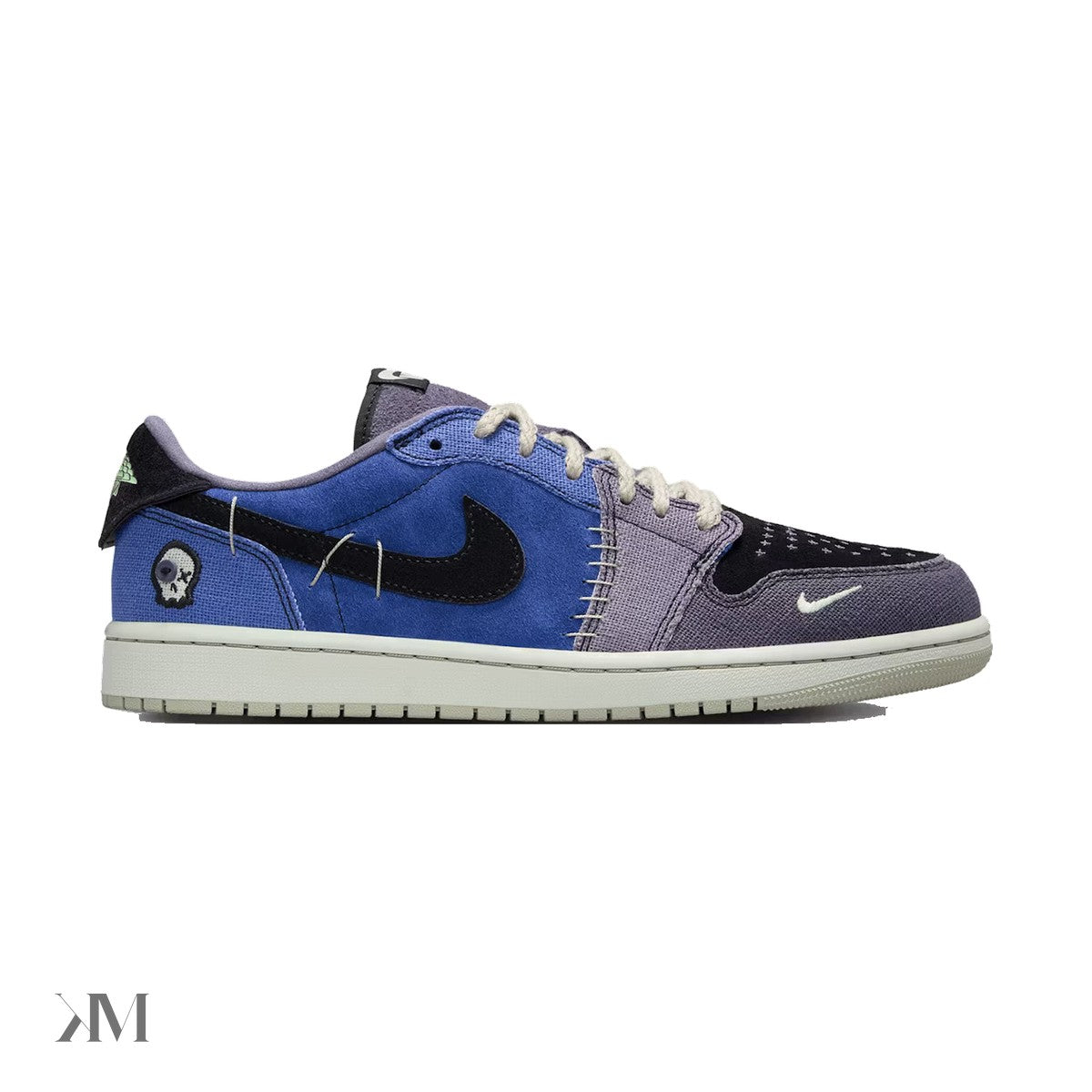 Jordan 1 Retro Low OG Zion Williamson Voodoo Alternate in regency purple and vapor green suede, lateral view