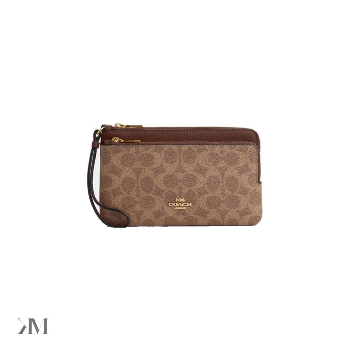Coach Double Zip Wallet In Signature Canvas Gold Tan Brown