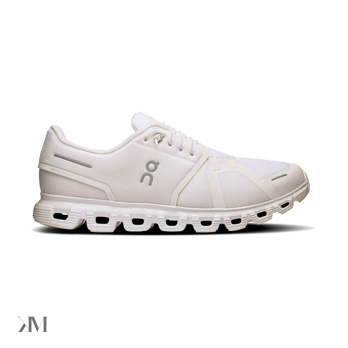 On Cloud 6 White White with CloudTec sole and Helion superfoam midsole, lateral side view