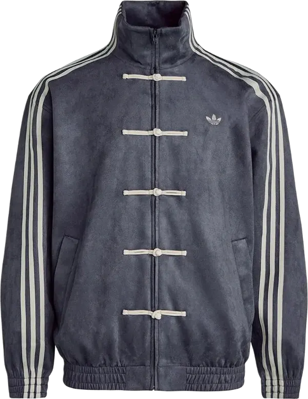 Adidas Originals CTT Chinese Track Top Casual Jacket in Dark Grey, front view showing Mandarin collar and three-stripe branding