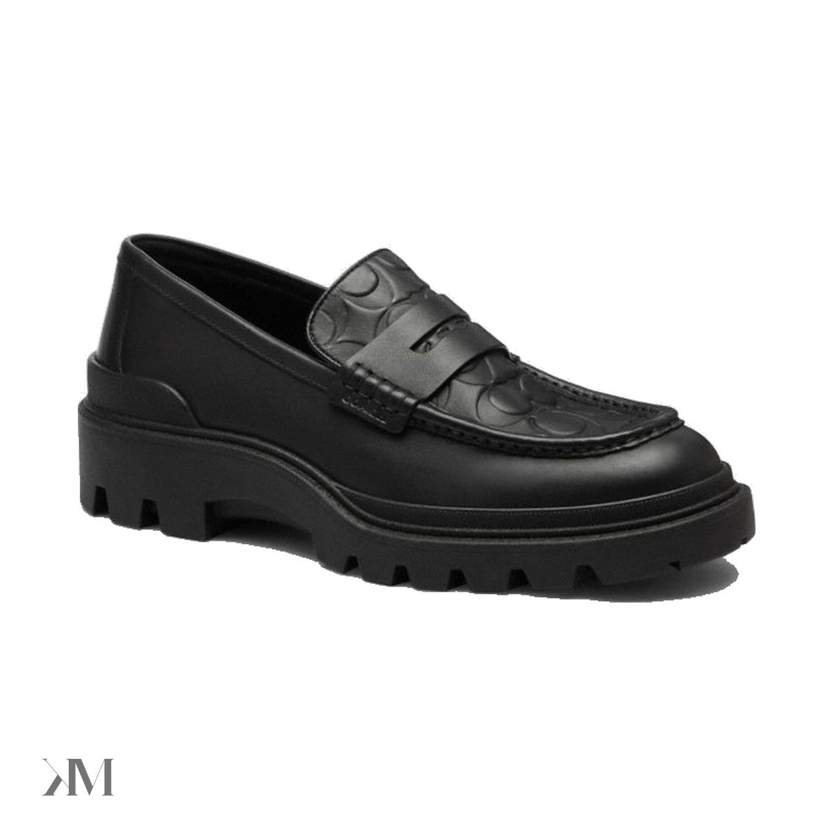 Men's Coach Loafer In Signature Leather Black (CCQ29) on white background, clean black leather upper and rubber outsole
