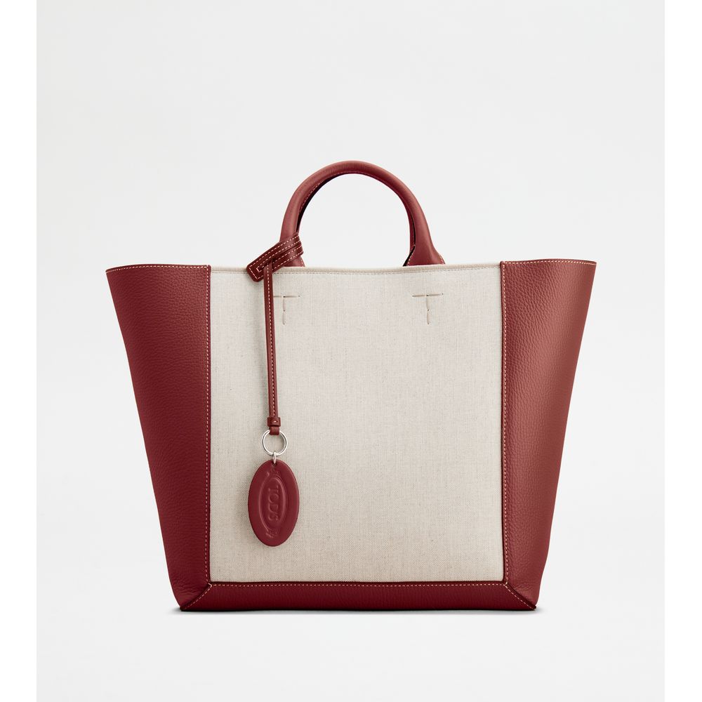 Tods Double Up Shopping Bag In Leather And Canvas Cny Medium Beige Red