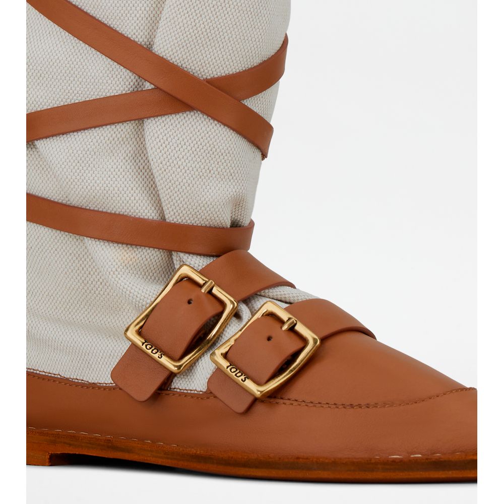 Tods Boots In Leather And Canvas Brown Womens