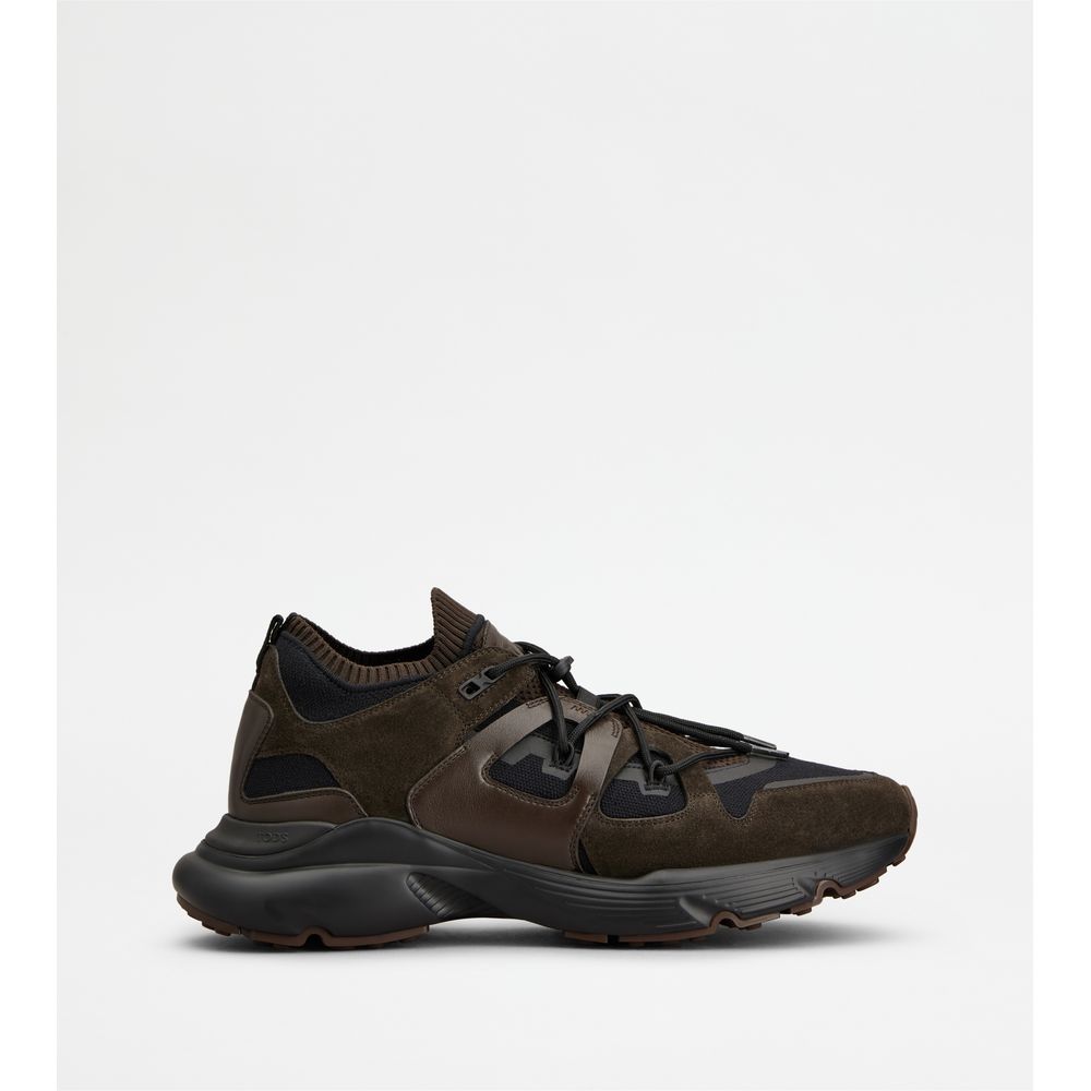 Tods Sneakers In Leather And Technical Fabric Brown Mens