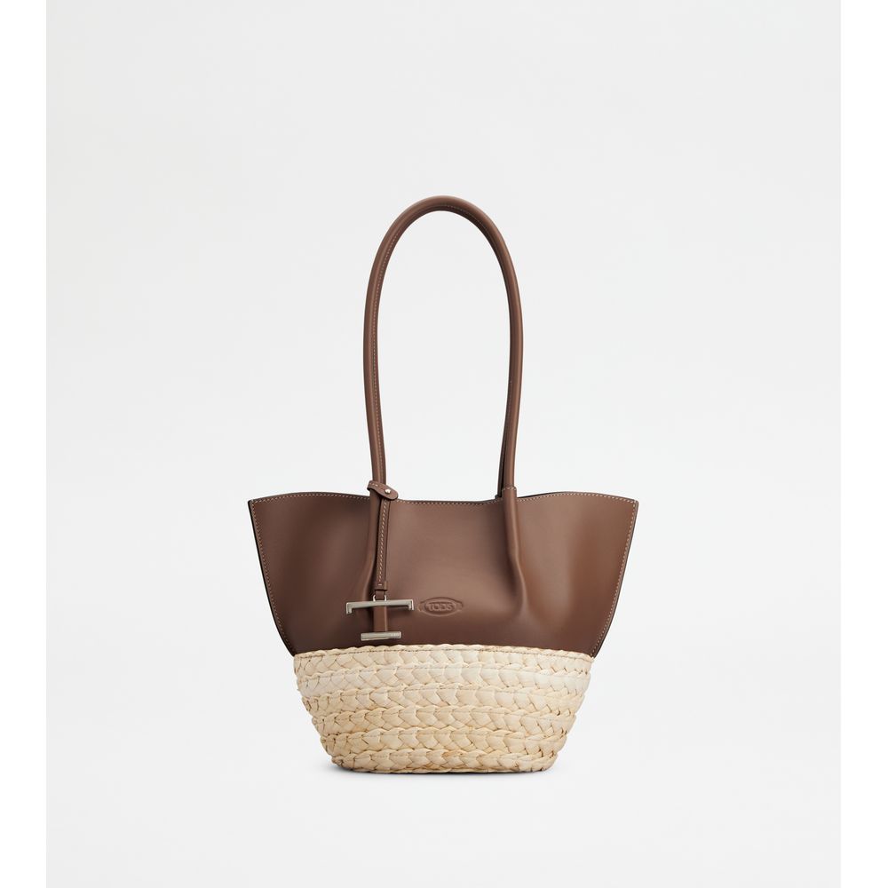 Tods Shopping Bag In Straw And Leather Small Brown
