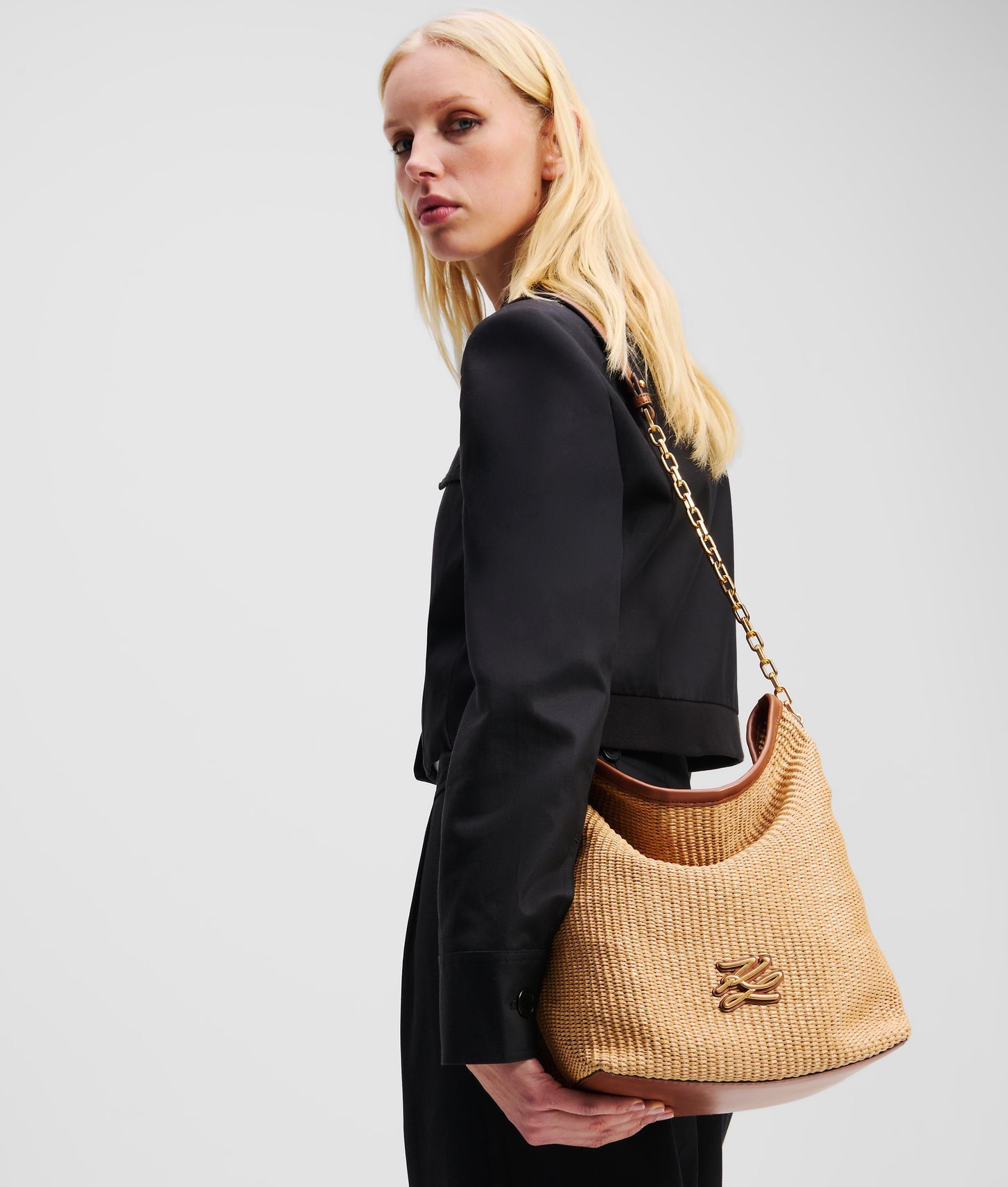KarlLagerfeld Kautograph Woven Medium Bucket Bag Natural-Tan