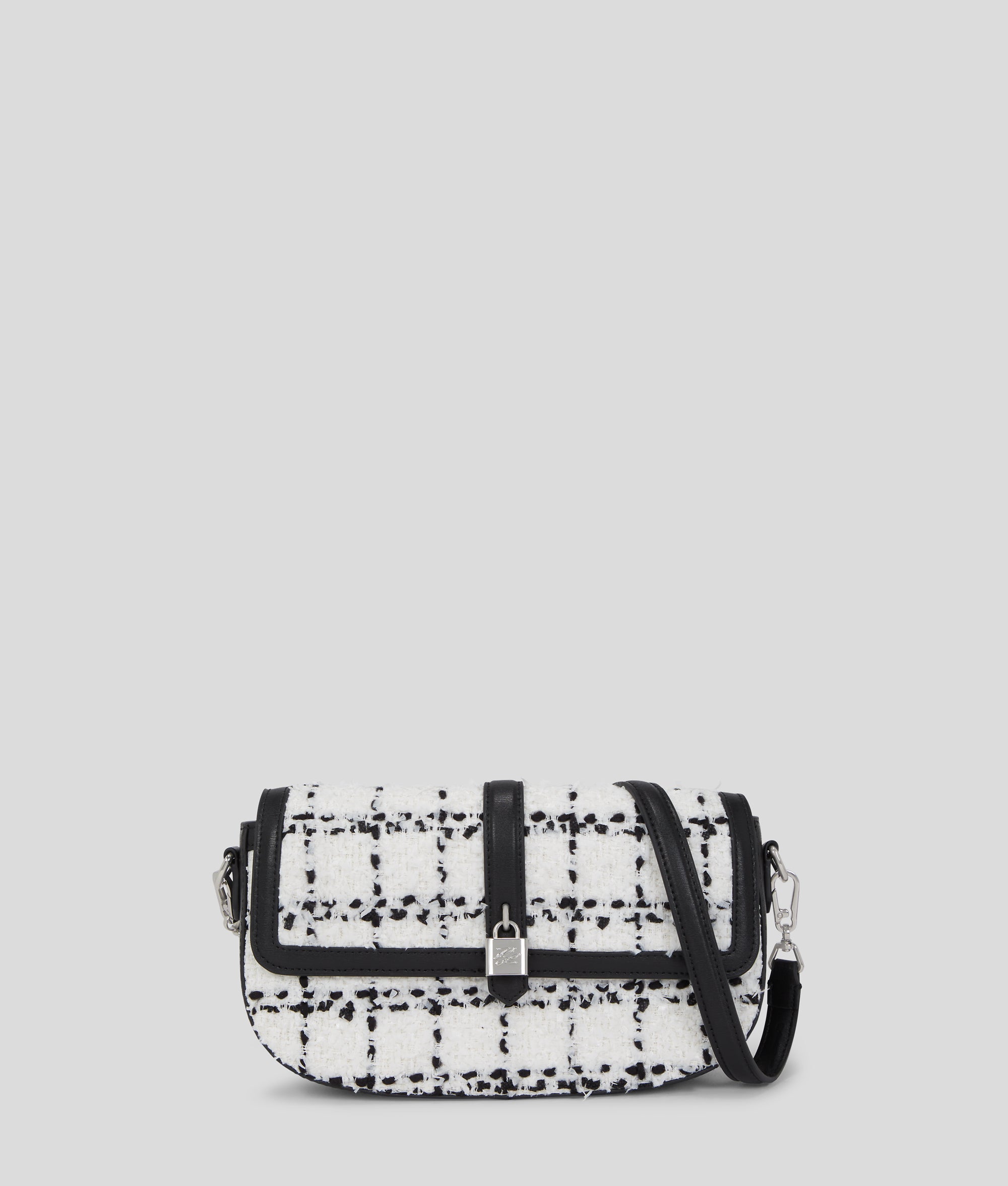 KarlLagerfeld Kautograph Padlock Bouclé Shoulder Bag Black White Karl Boucle