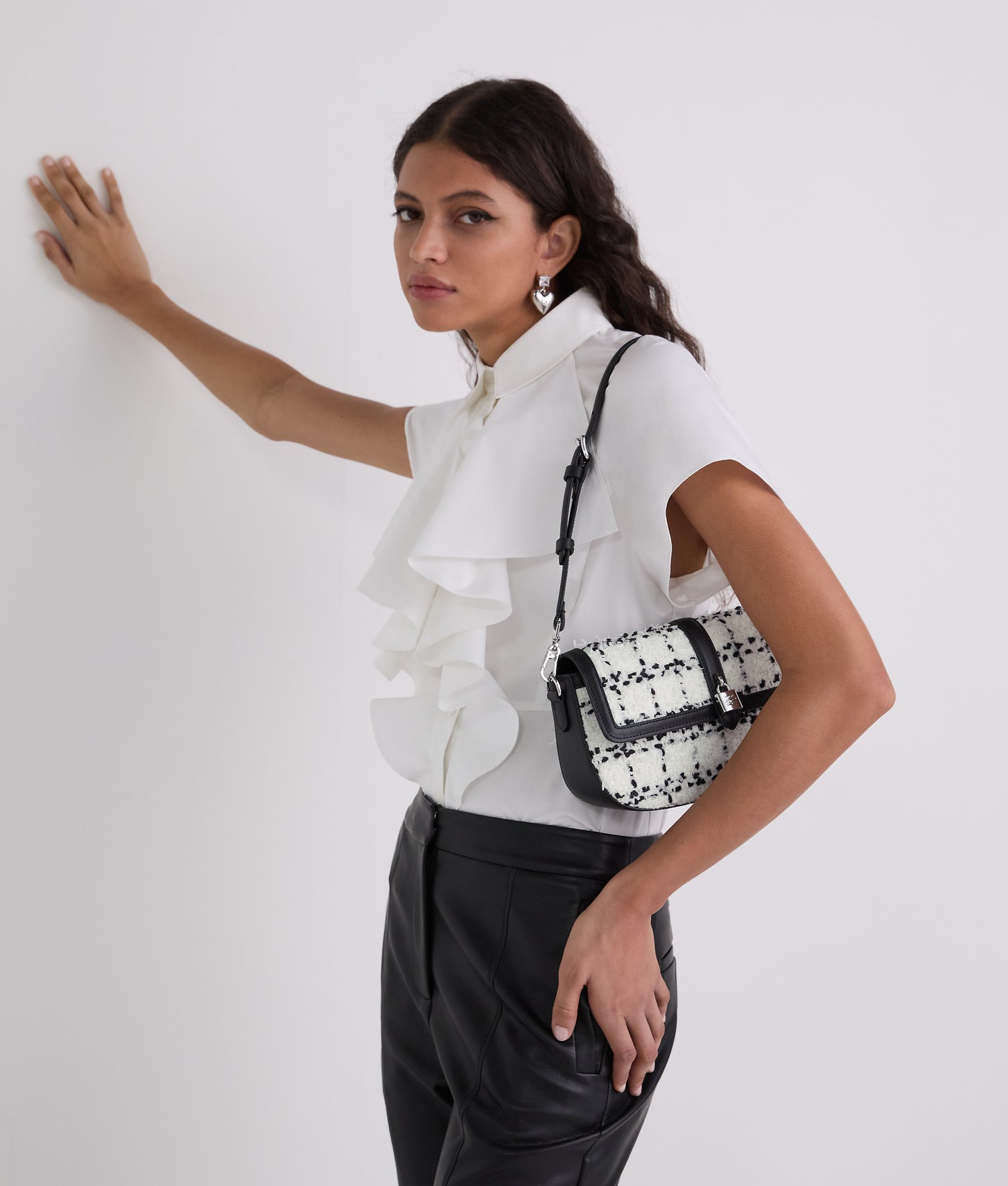 KarlLagerfeld Kautograph Padlock Bouclé Shoulder Bag Black White Karl Boucle