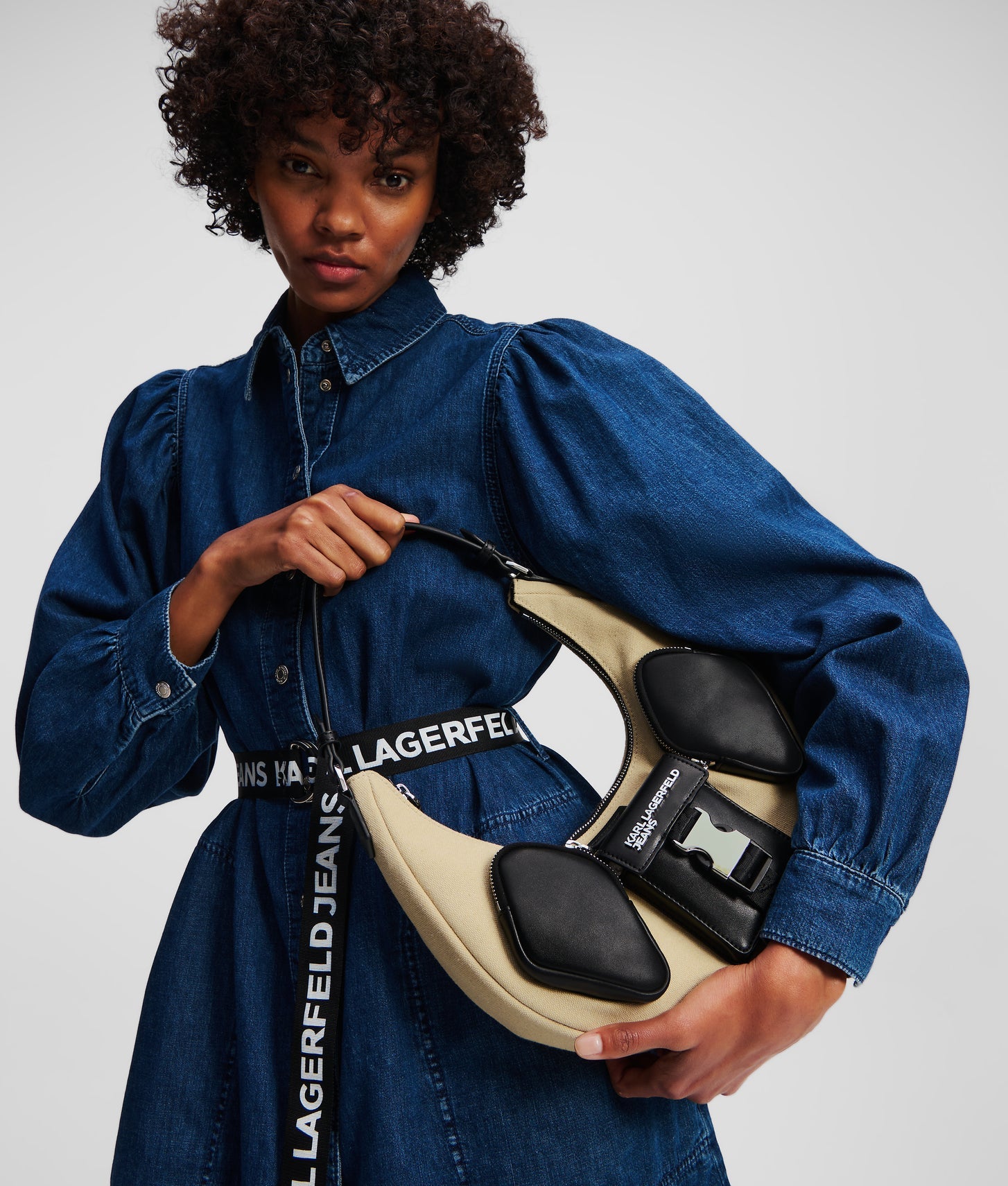 KarlLagerfeld Utility Canvas Moon Shoulder Bag Beige/Black