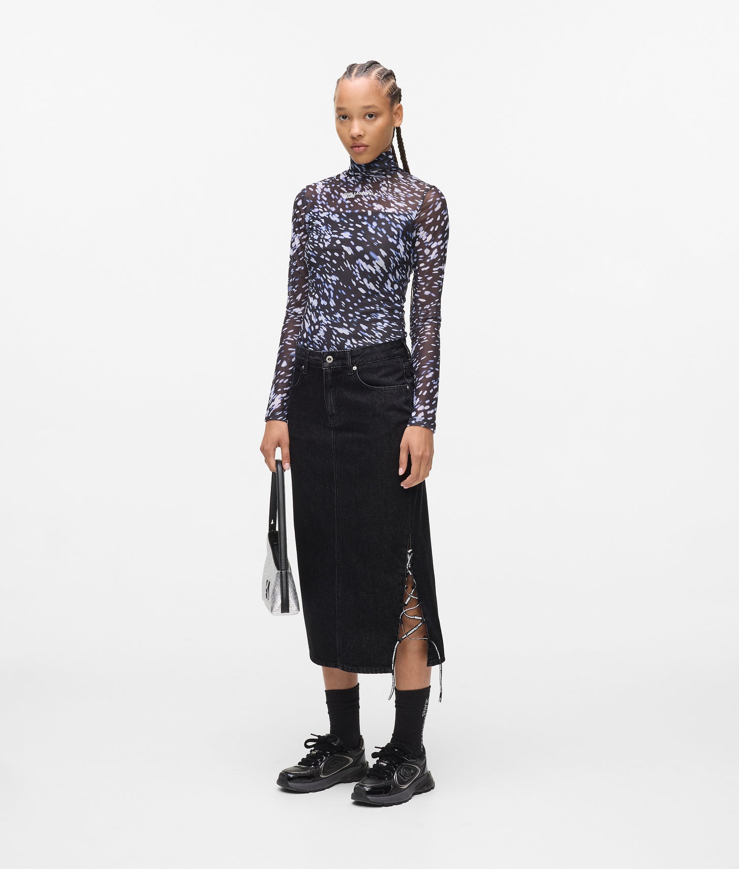 Karl Lagerfeld Lace-Up Midi Denim Skirt Stone Washed Black
