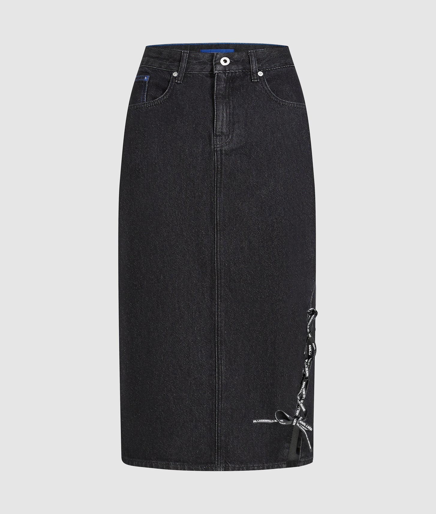 Karl Lagerfeld Lace-Up Midi Denim Skirt Stone Washed Black