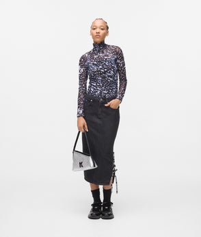Karl Lagerfeld Lace-Up Midi Denim Skirt Stone Washed Black