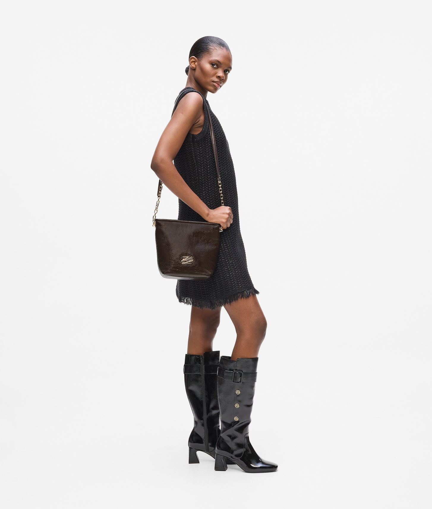 KarlLagerfeld Kautograph Small Glossy Bucket Bag Tobacco