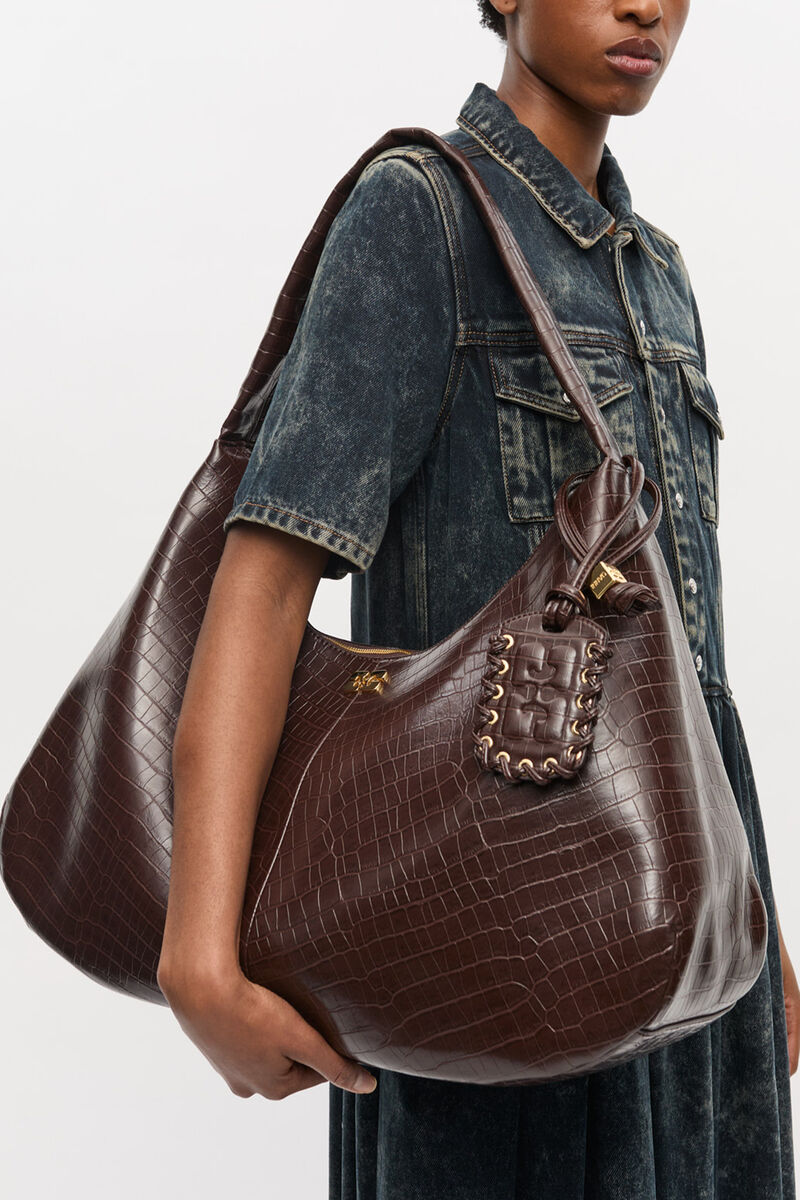 Ganni Chocolate Fondant Brown Croco Xxl Hobo Bag