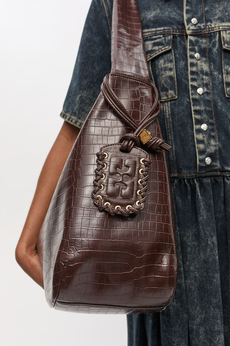 Ganni Chocolate Fondant Brown Croco Xxl Hobo Bag