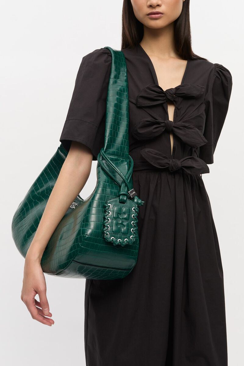 Ganni Pineneedle Green Croco Medium Hobo Bag
