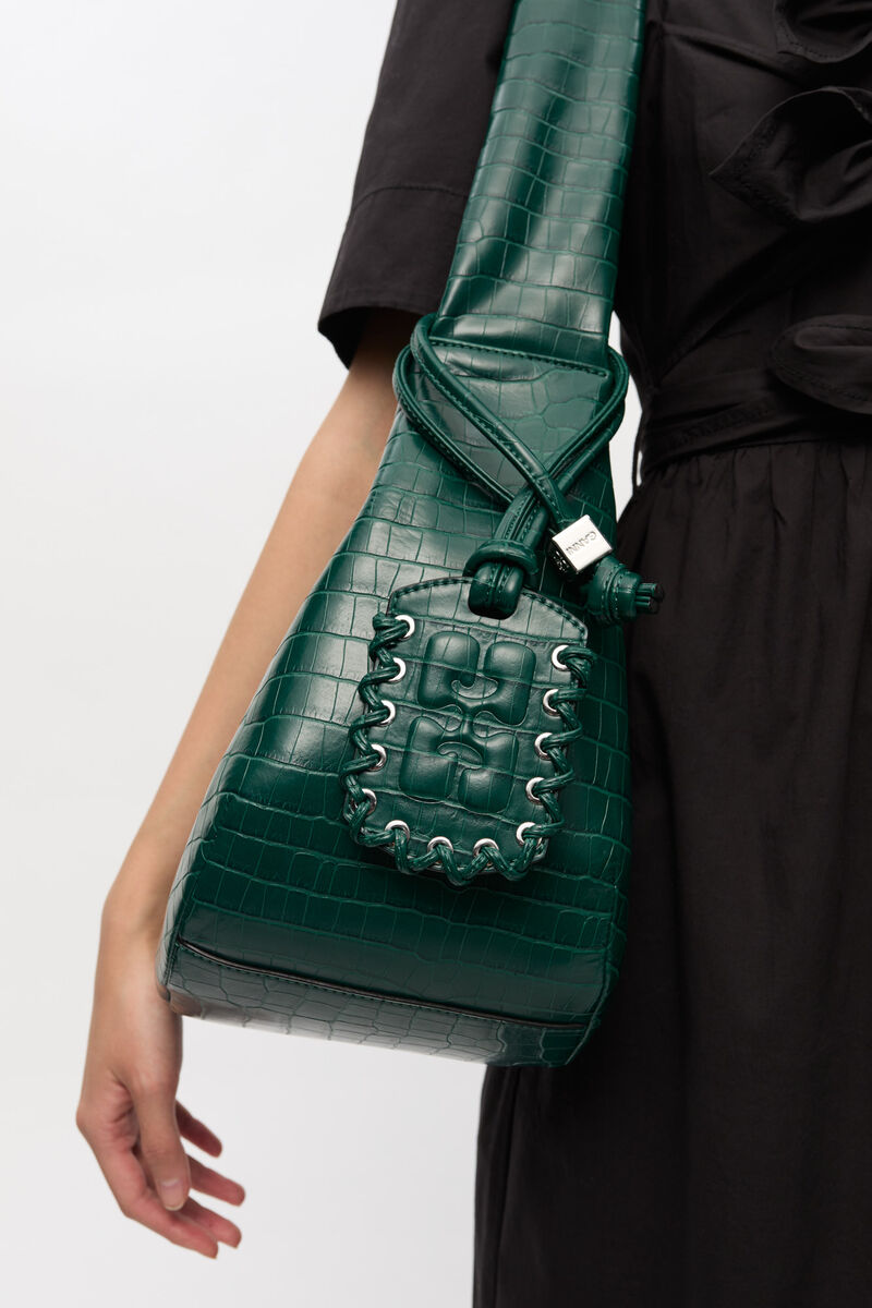 Ganni Pineneedle Green Croco Medium Hobo Bag