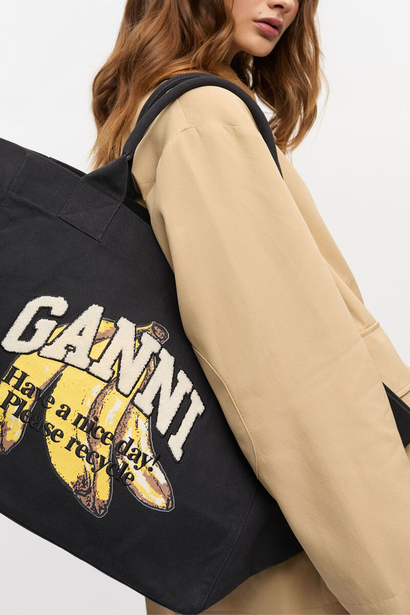 Ganni Black Xxl Banana Print Tote