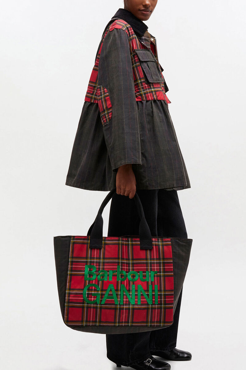Ganni Dark Green Red Tartan Tote