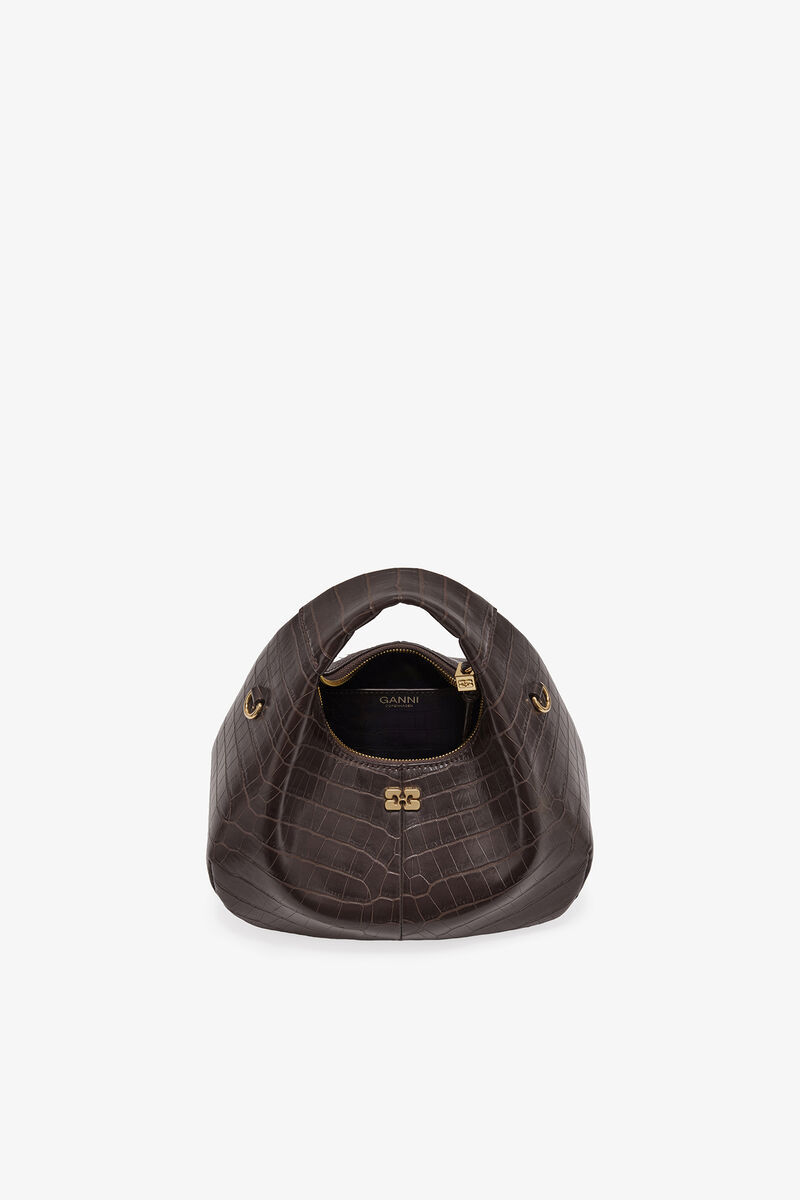 Ganni Chocolate Fondant Brown Croco Mini Hobo Bag