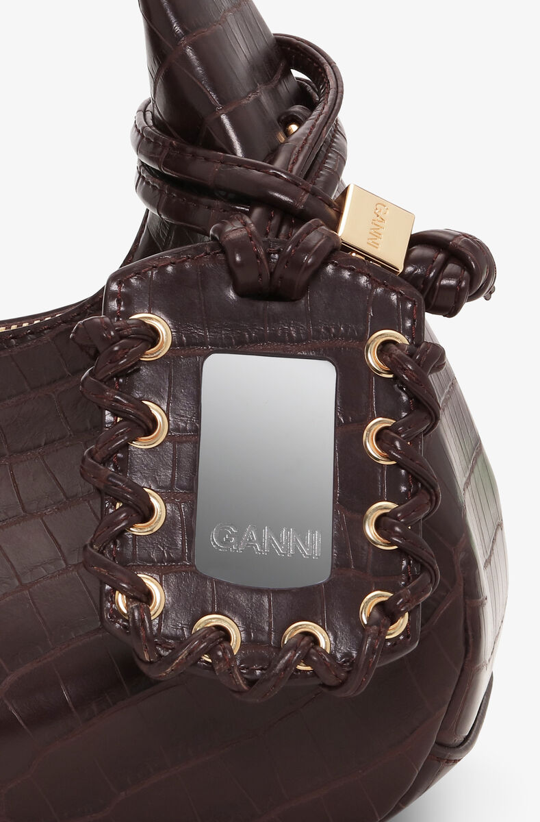 Ganni Chocolate Fondant Brown Croco Mini Hobo Bag