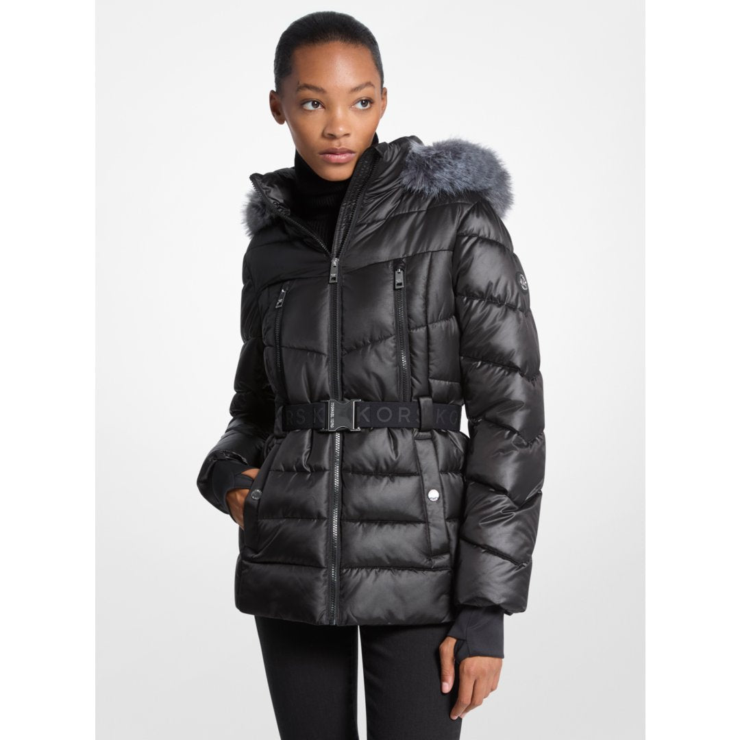 Michael Kors Faux Fur Trim Belted Puffer Jacket BLACK