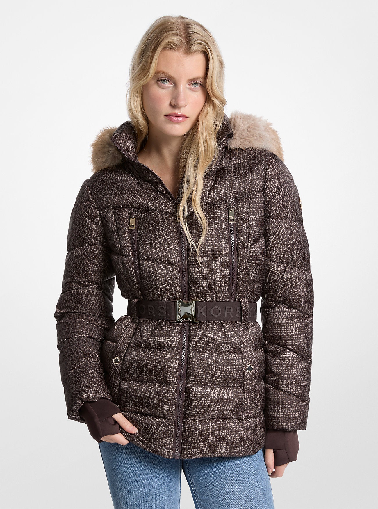 Faux Fur Trim Belted Puffer Jacket Chocolate Chocolate