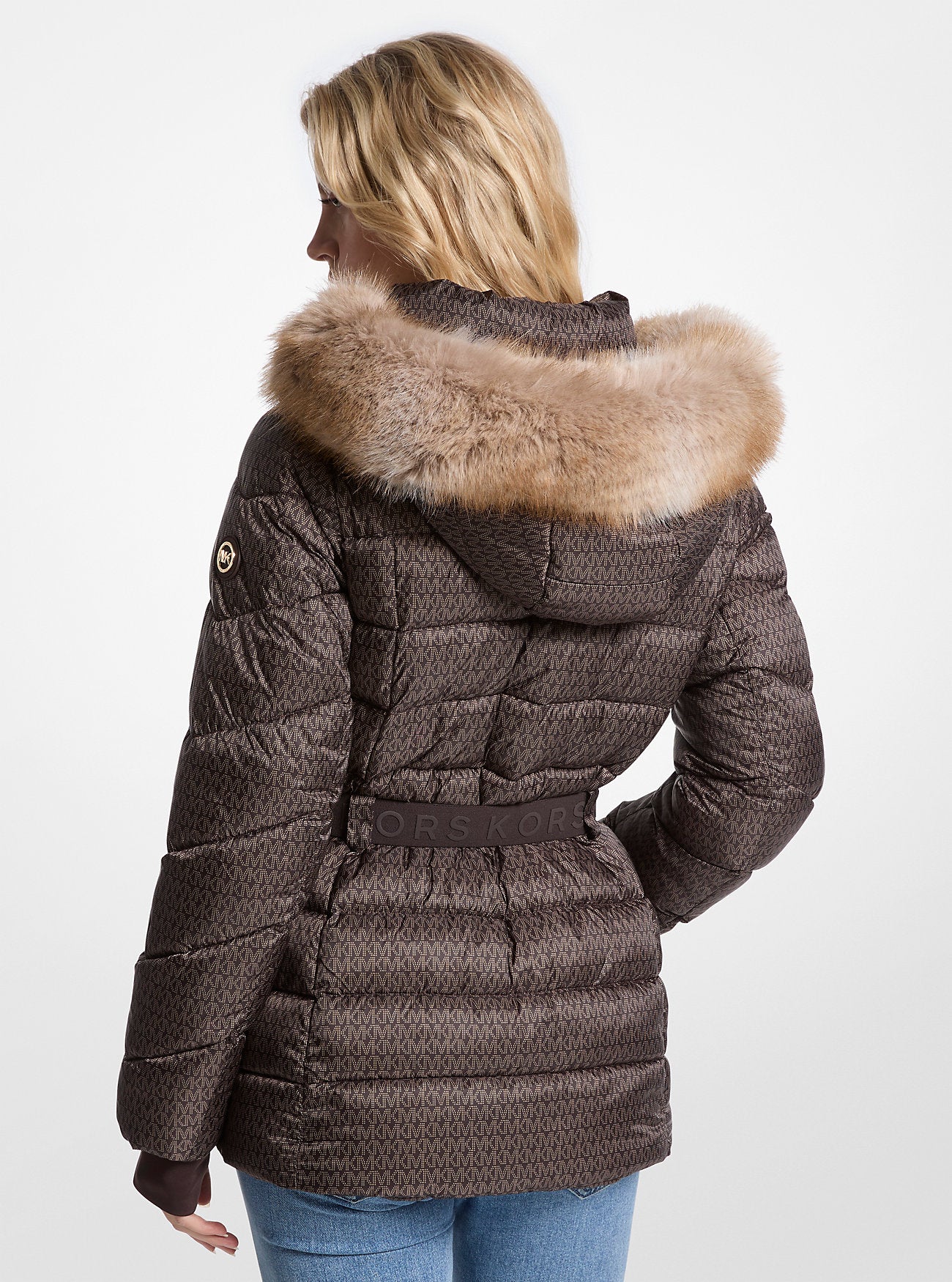 Faux Fur Trim Belted Puffer Jacket Chocolate Chocolate