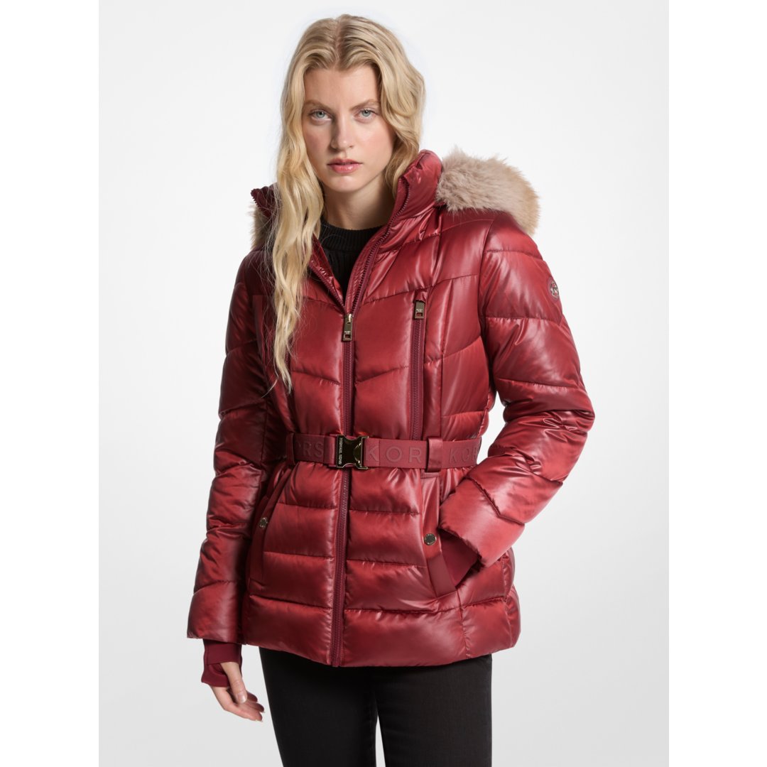 Michael Kors Faux Fur Trim Belted Puffer Jacket CHERRY