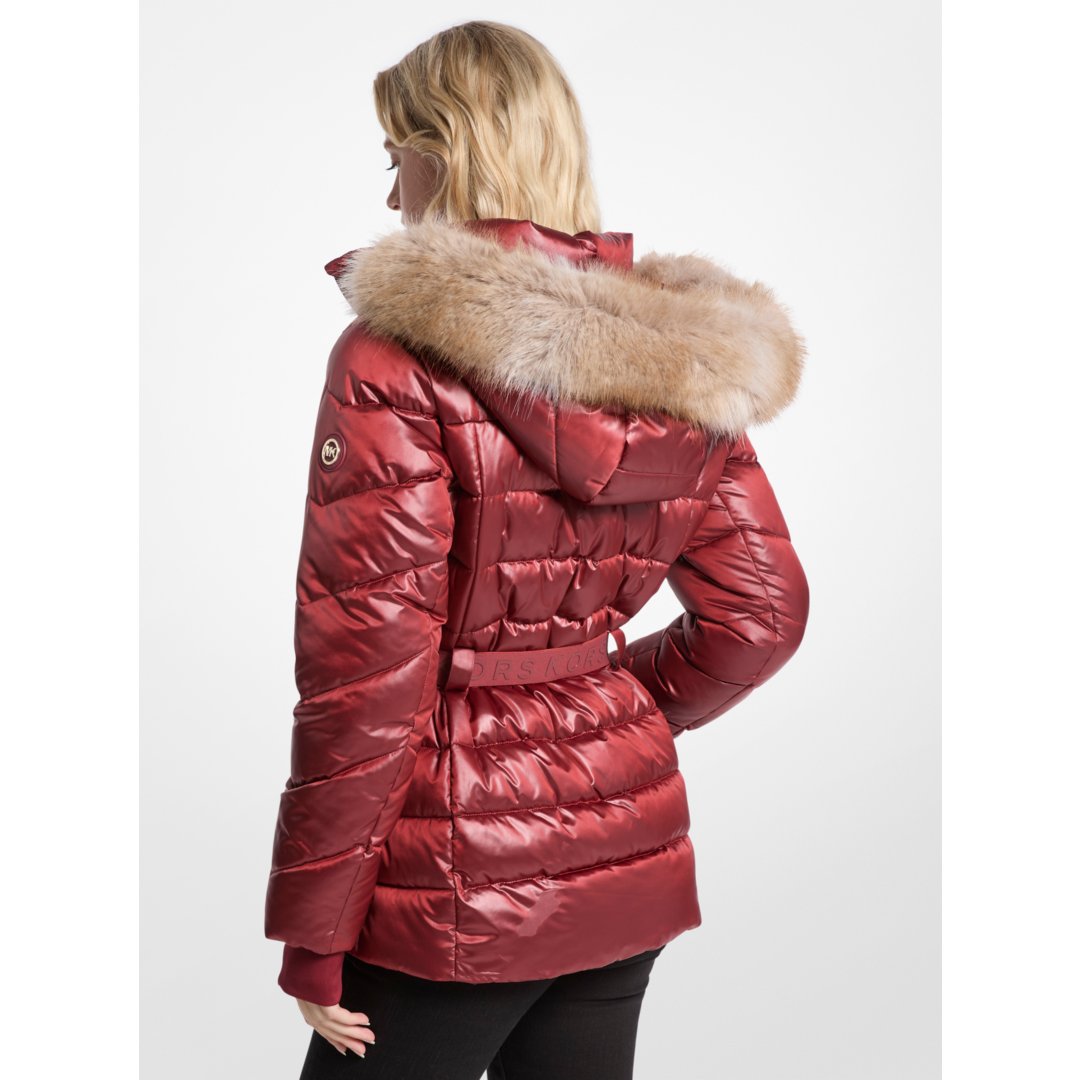 Michael Kors Faux Fur Trim Belted Puffer Jacket CHERRY