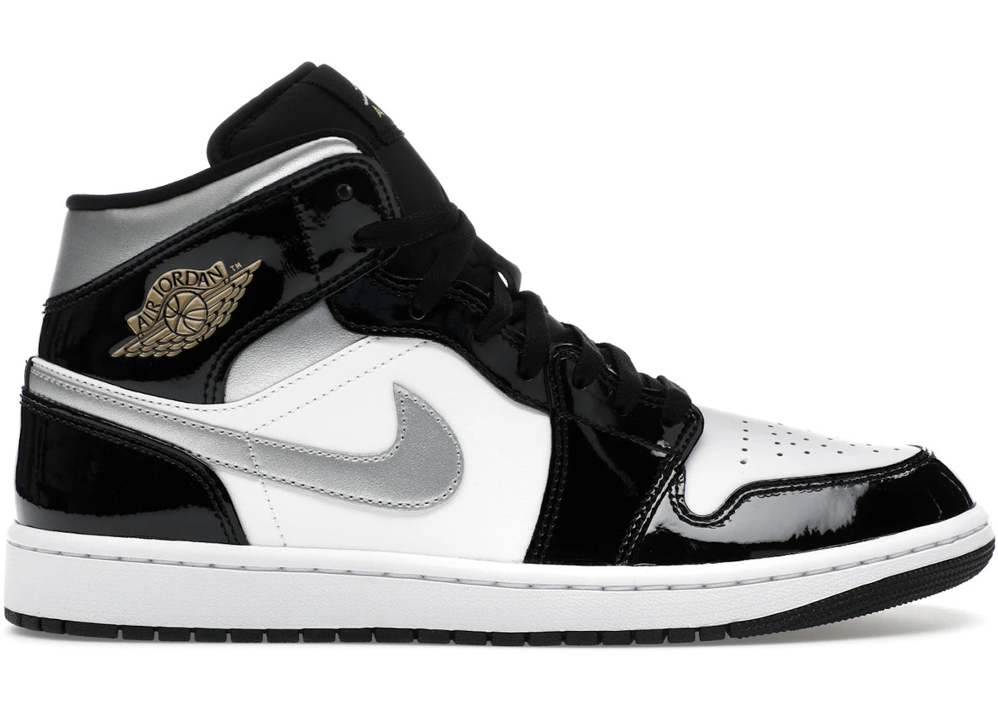 Jordan 1 Mid Se Patent Black White Metallic Silver Metallic Gold